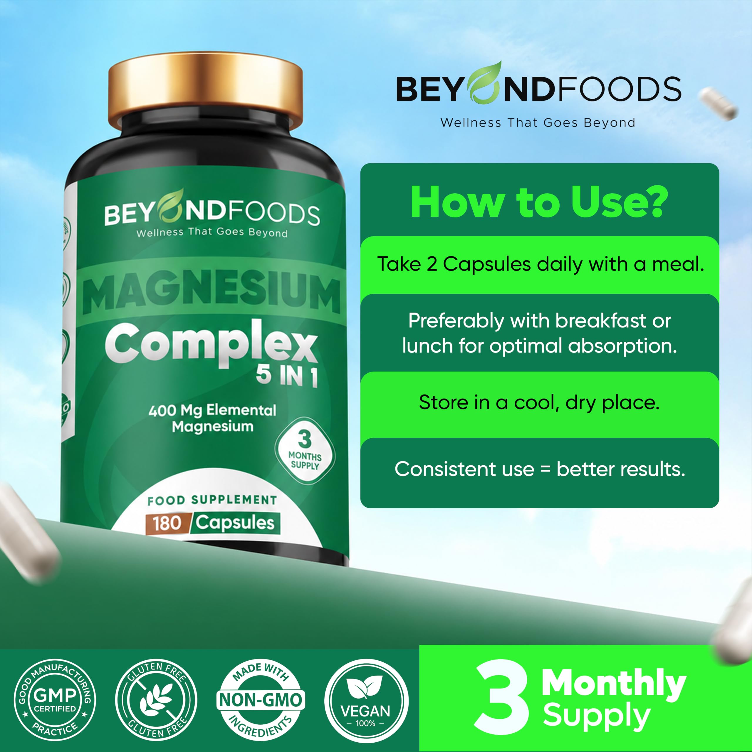 Magnesium Komplex 5-in-1 Kapseln – 400 mg elementares Magnesium pro Portion – Mit Bisglycinat, Citrat, Malat, Oxid & L-Ascorbat – 180 vegane Kapseln, 3-Monats-Vorrat