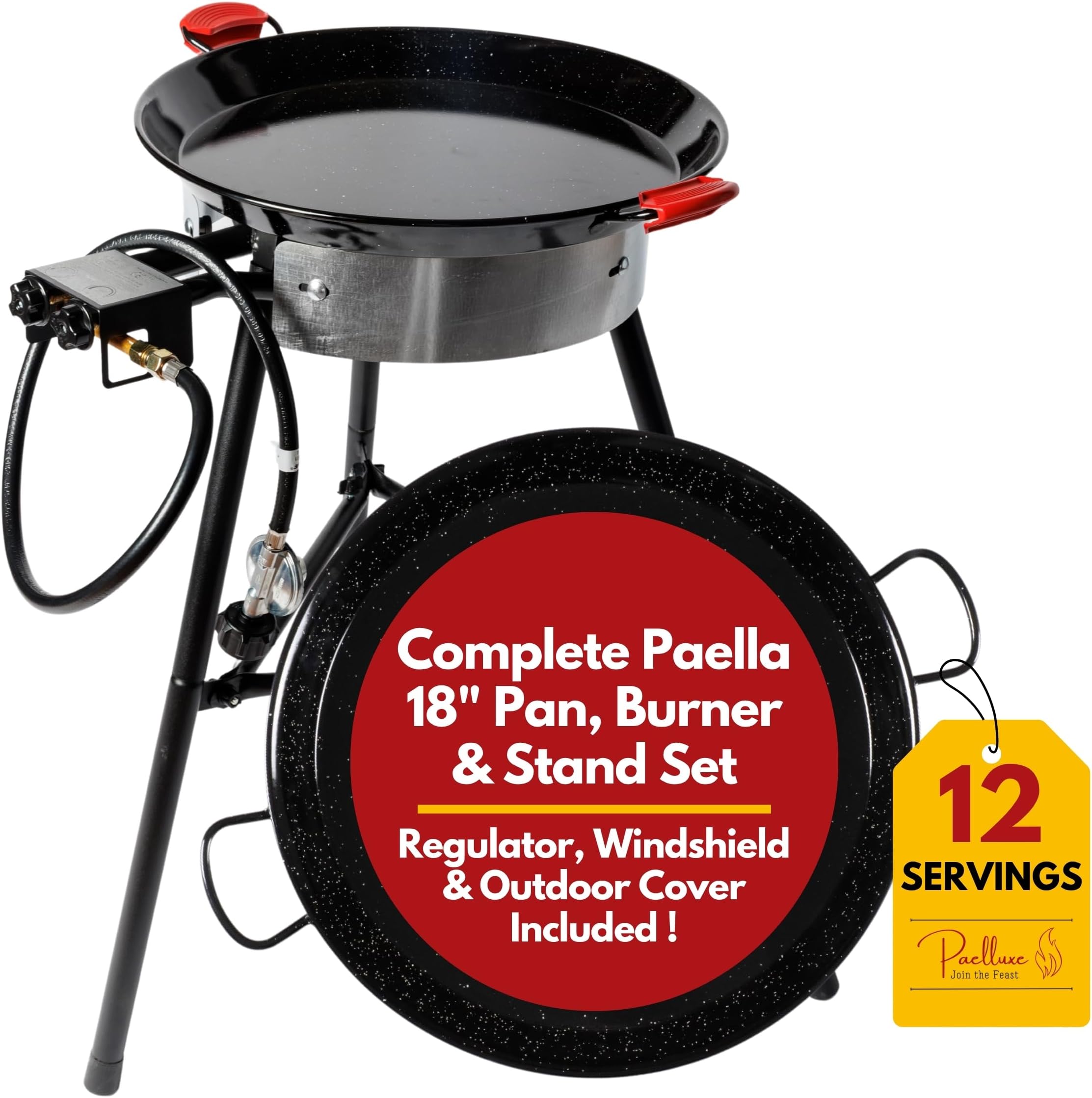 Paella Burner and Stand Set 12 Servings, 18 Inch Paella Pan, Dual Propane Outdoor Stove with Stand & Regulator, Portable Gas Cooker for Camping Crawfish Boil Cooking Outdoor (Black Edition)