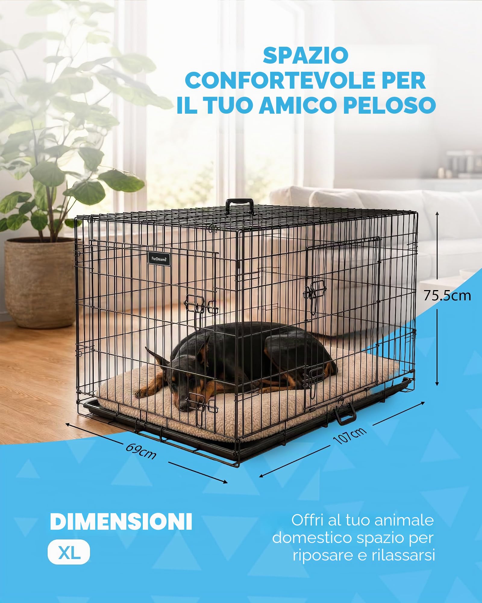 Gabbia per cani 107x68.5x77cm – gabbia pieghevole in metallo con due porte, vassoio in plastica anti morso e maniglia da trasporto – perfetto per l’addestramento dei cuccioli