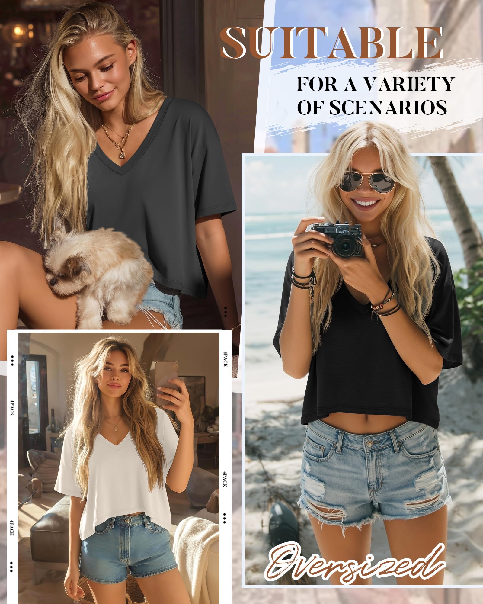 Neer Confezione da 4 magliette da donna oversize estive con scollo a V a maniche corte top con orlo irregolare