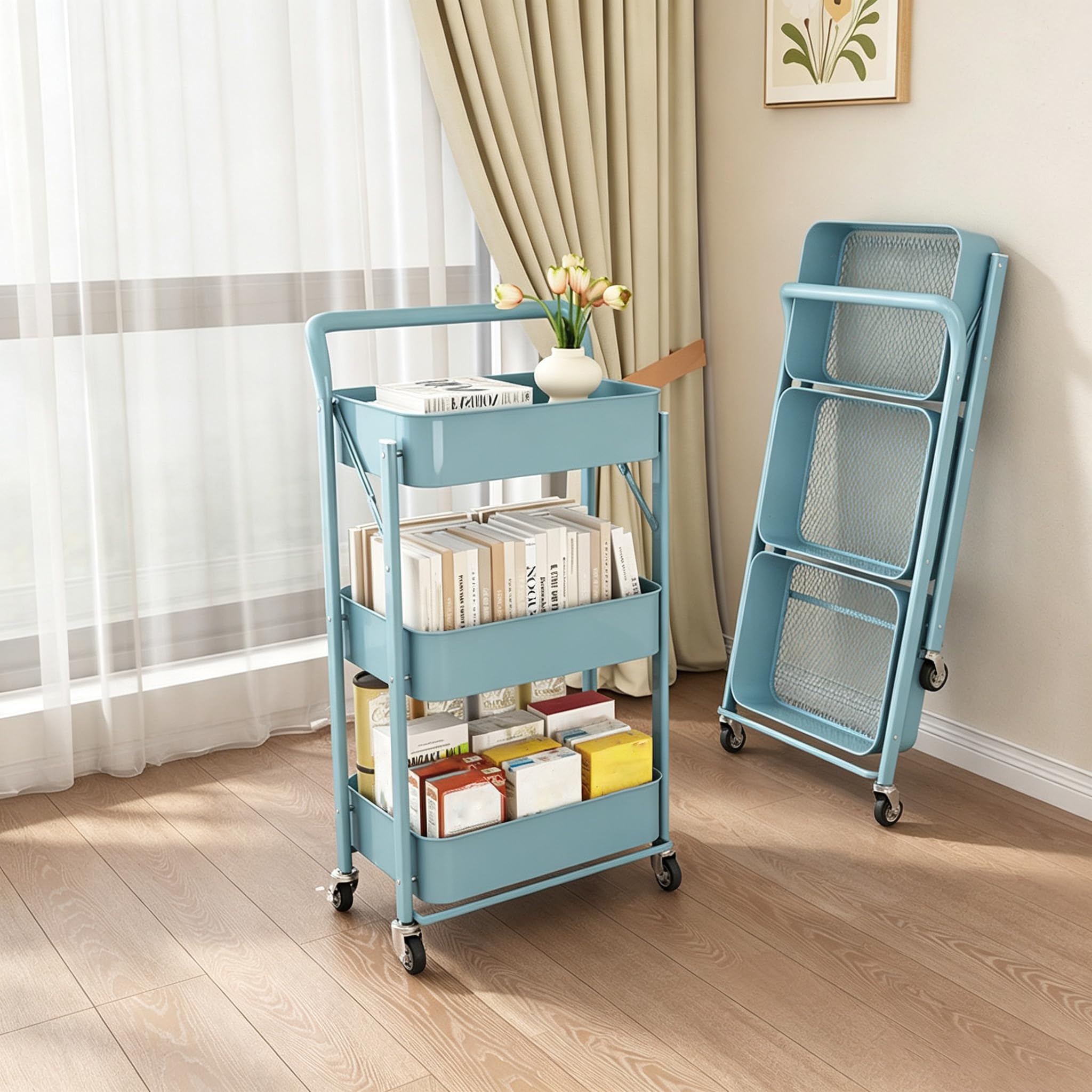 3-Tier Trolley On Wheels, Space-Saving Metal Foldable Bathroom Trolley
