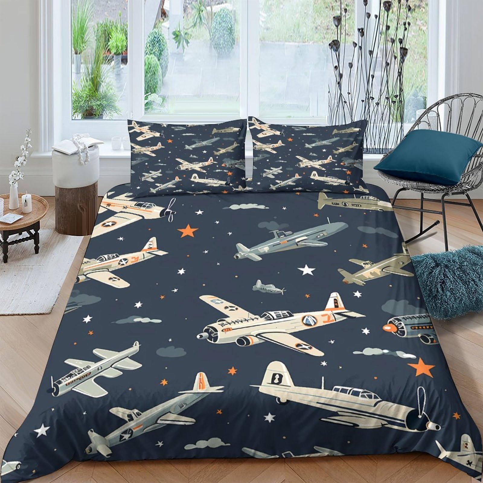 GPLZQXKJNH 3D Printed Vintage Aircraft Duvet Cover Set Microfiber Soft Breathable Retro Airplane Quilt Cover with 2 Pillowcases for Bedroom Decor Single（135x200cm）