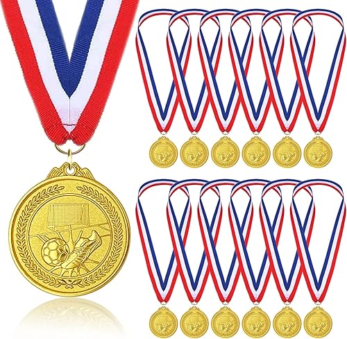 Donrime 12 Pieces Soccer Medals for Kids, Gold Metals Awards Medal for Kids Sports Soccer Games, Soccer Party Favors, 2 Inches