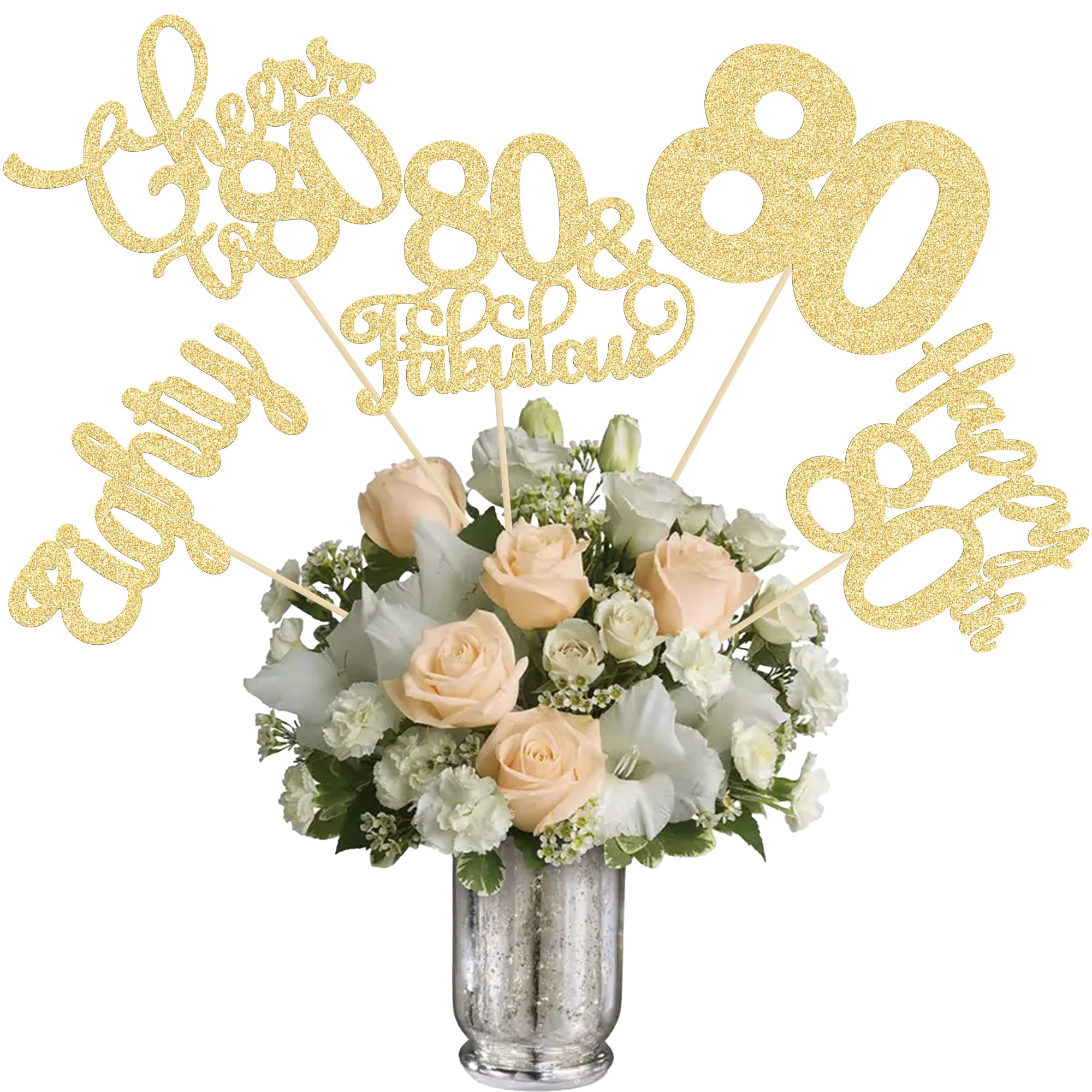 Ephlyn 15Pcs 80th Birthday Centerpiece Sticks Eighty Happy 80 Table Flower Centerpieces Sticks Cheers to 80 Floral Decorations for 80th Birthday Party Centerpieces Supplies Gold