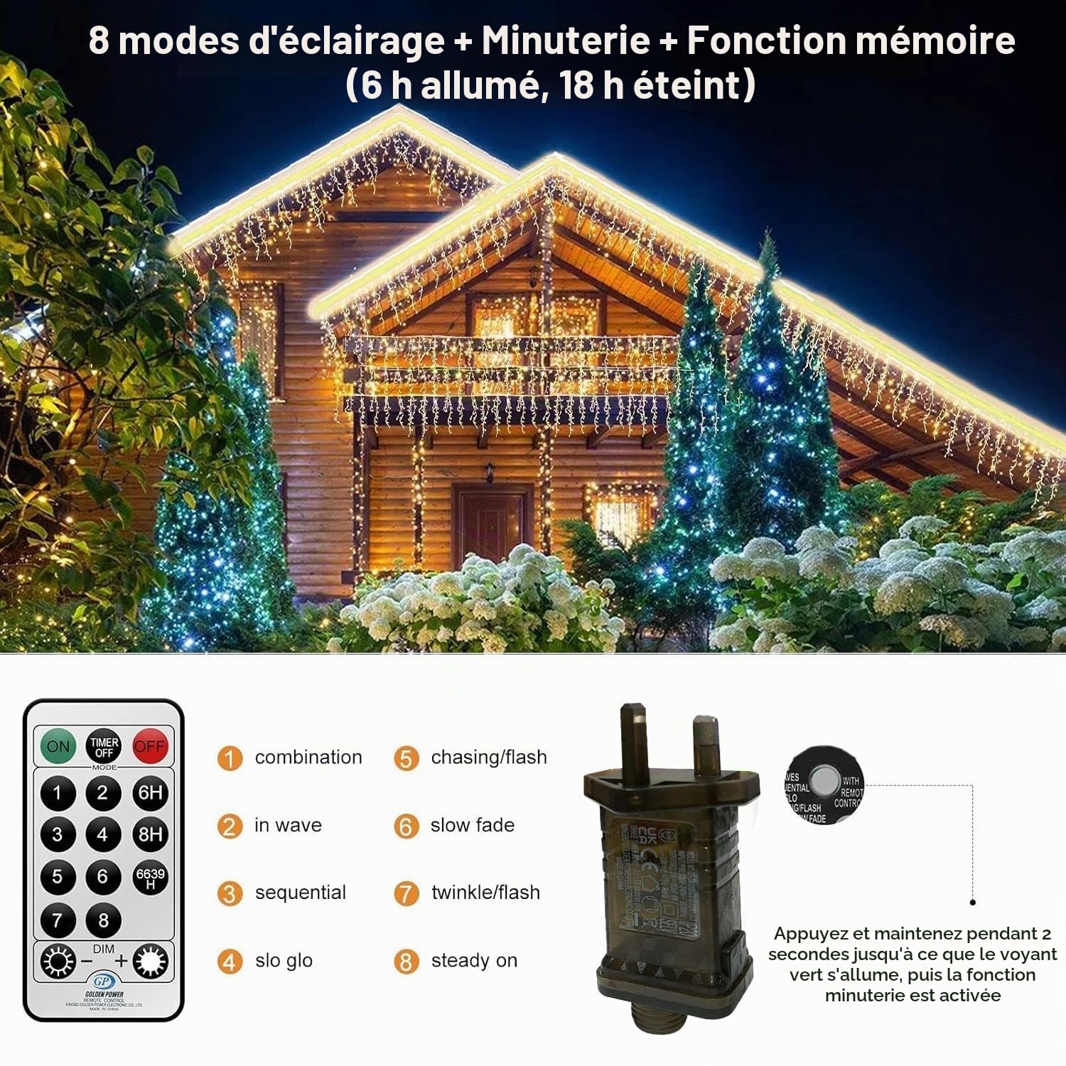 20M Icicle Lights Rideau de Noël extérieur Guirlandes lumineuses alimentées par le secteur Lumières de glace extérieures avec 108 gouttes pour décorations de Noël Gazebo d'intérieur, Blanc chaud