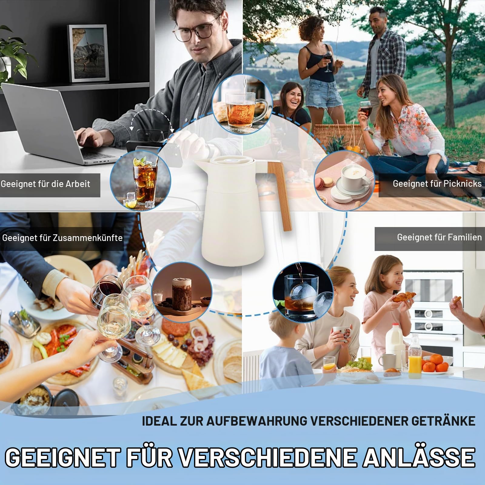 Thermoskanne Kaffeekannen Edelstahl 18/10, Vakuum Isolations, Mit Holzgriff, Thermosflasche Für Heißen Und Kalten Tee Kaffee, Isolierkanne, Für Home Office Hotel (Beige,2L)