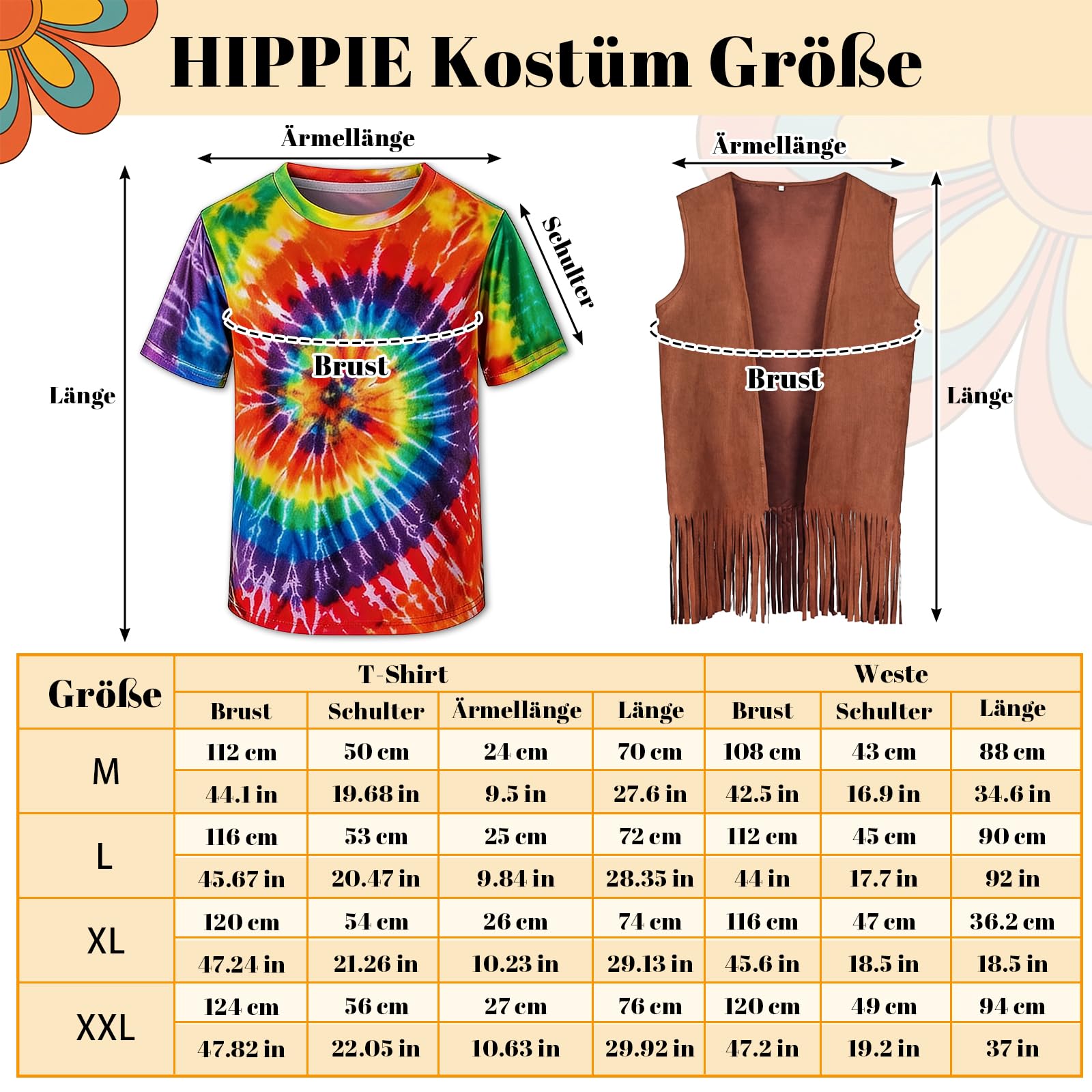 Kitimi Hippie Kostüm Herren Damen Set, 60er 70er Jahre Outfit Herren, Retro Disco Hippie Kostüm Herren mit Fransenweste Farbiges T-Shirt und Hippie Accessoires für Cosplay Maskenbälle Karneval Kostüm