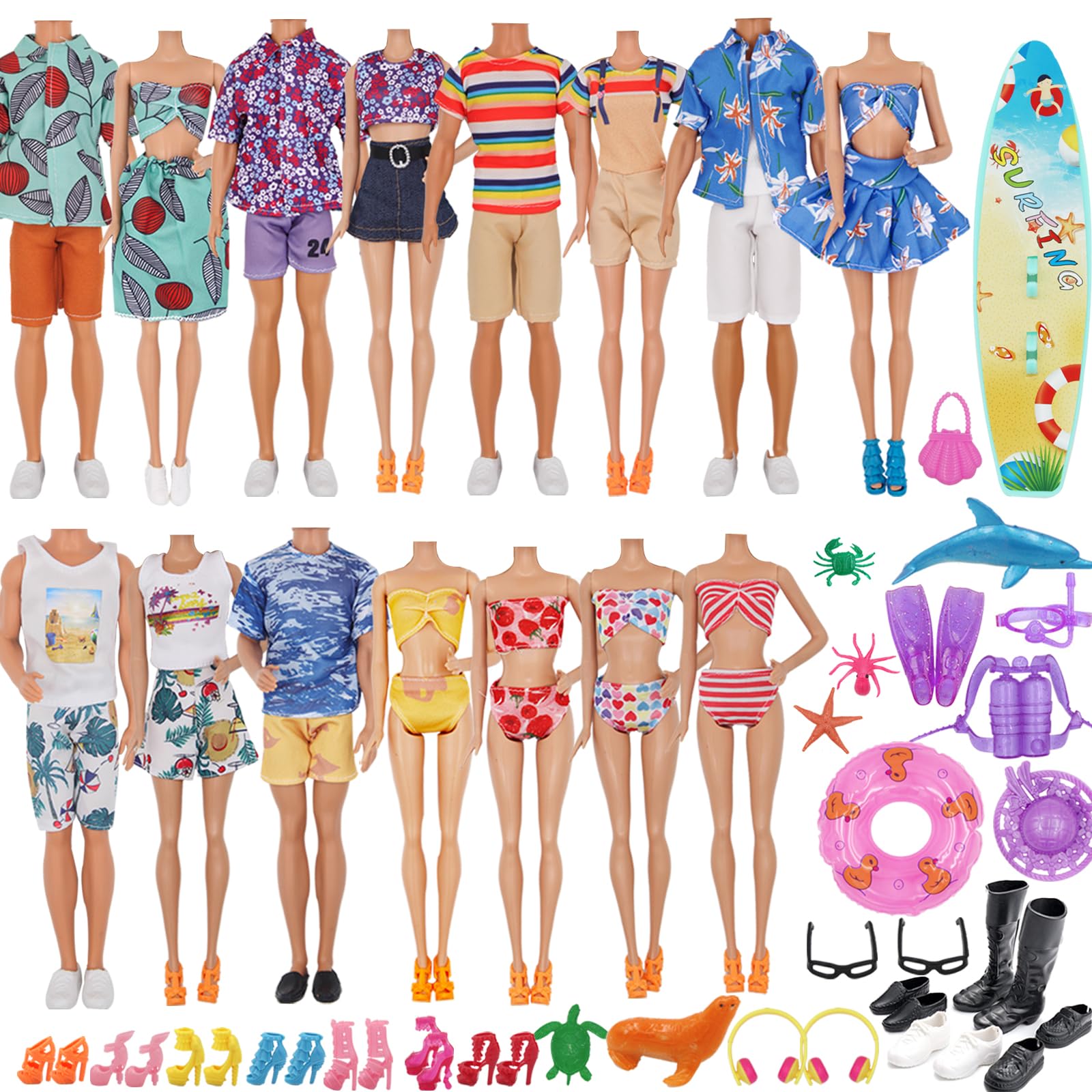 ZTWEDEN 89Pcs Doll Clothes and Accessories for 12 Inch Boy and 11.5 Inch Girl Doll Includes 32 Seaside Wear Clothes Bikini Marine Animal Surfboard
