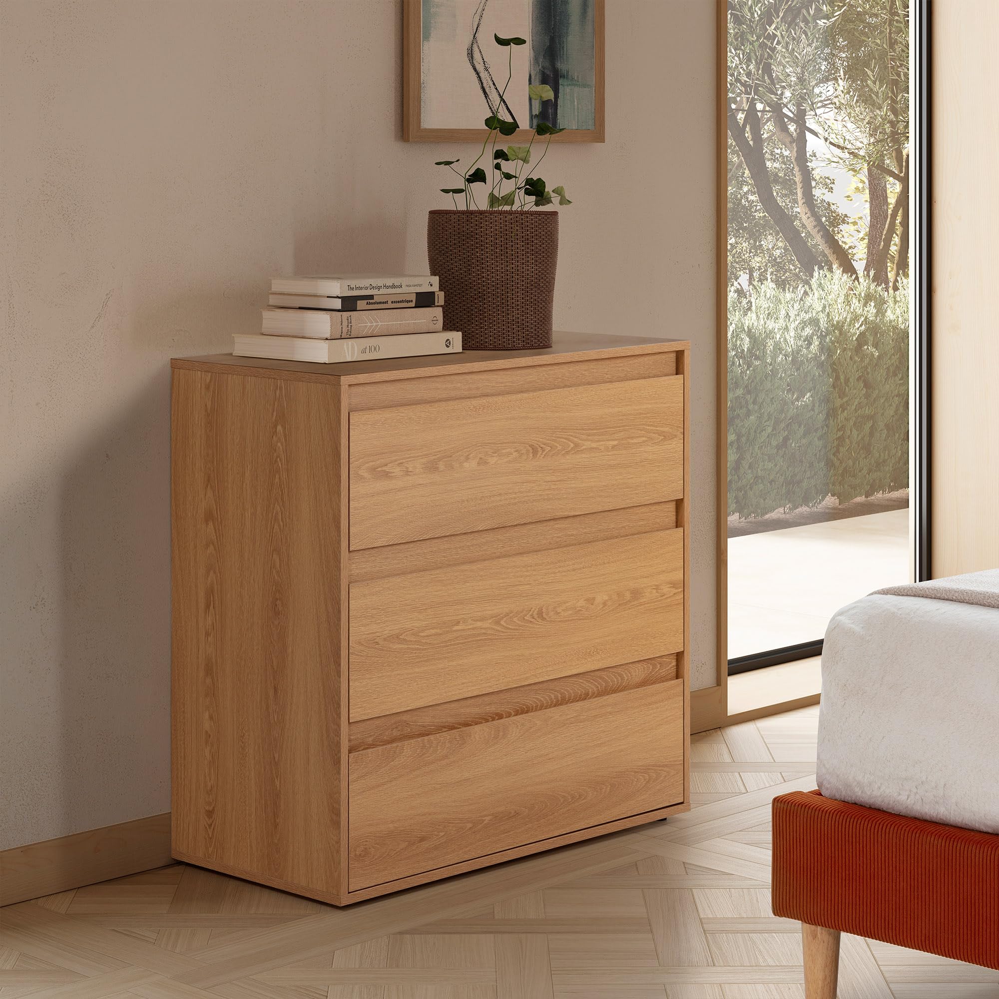 HOMN LIVING Cómoda de Noche Tori 3 cajones Color Roble, 80 cm (Ancho) 40 cm (Profundo) 80 cm (Altura)