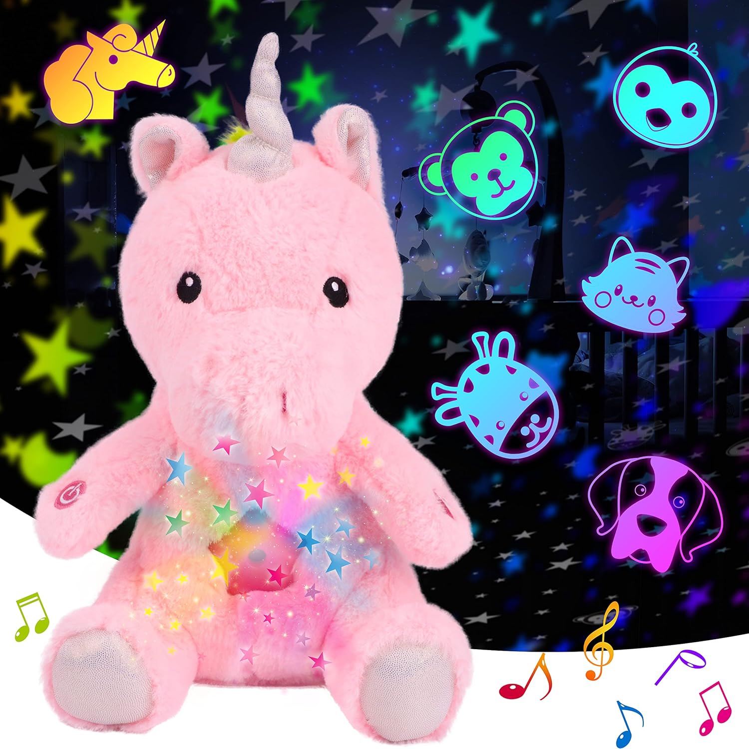 Cuteoy Musical Unicorn Star Projector Plush Night Light Stuffed Animals Musical Soother Toys for