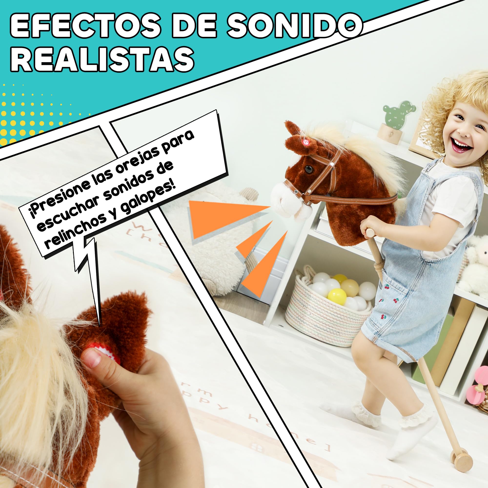 AIYAPLAY Cabeza de Caballo con Palo de Madera, Sonidos y Ruedas, Caballo de Juguete, 95 cm de Altura, Marrón