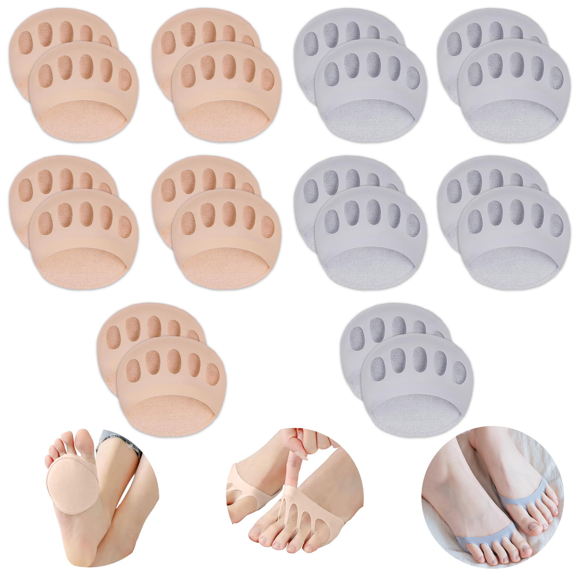 SooGree Ball of Foot Cushions Honeycomb Fabric Metatarsal Pads Invisible Socks Pads for Women and Men Reusable Forefoot Pads (5 Pairs-Beige /5 Pairs-Gray)