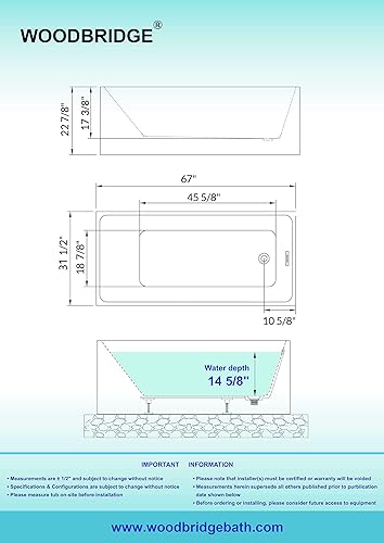 Miniatura 6 de WOODBRIDGE Bañera independiente de acrílico de 67 pulgadas, bañera blanca contemporánea con desbordamiento y drenaje negro mate, B0086--MB--Drenaje