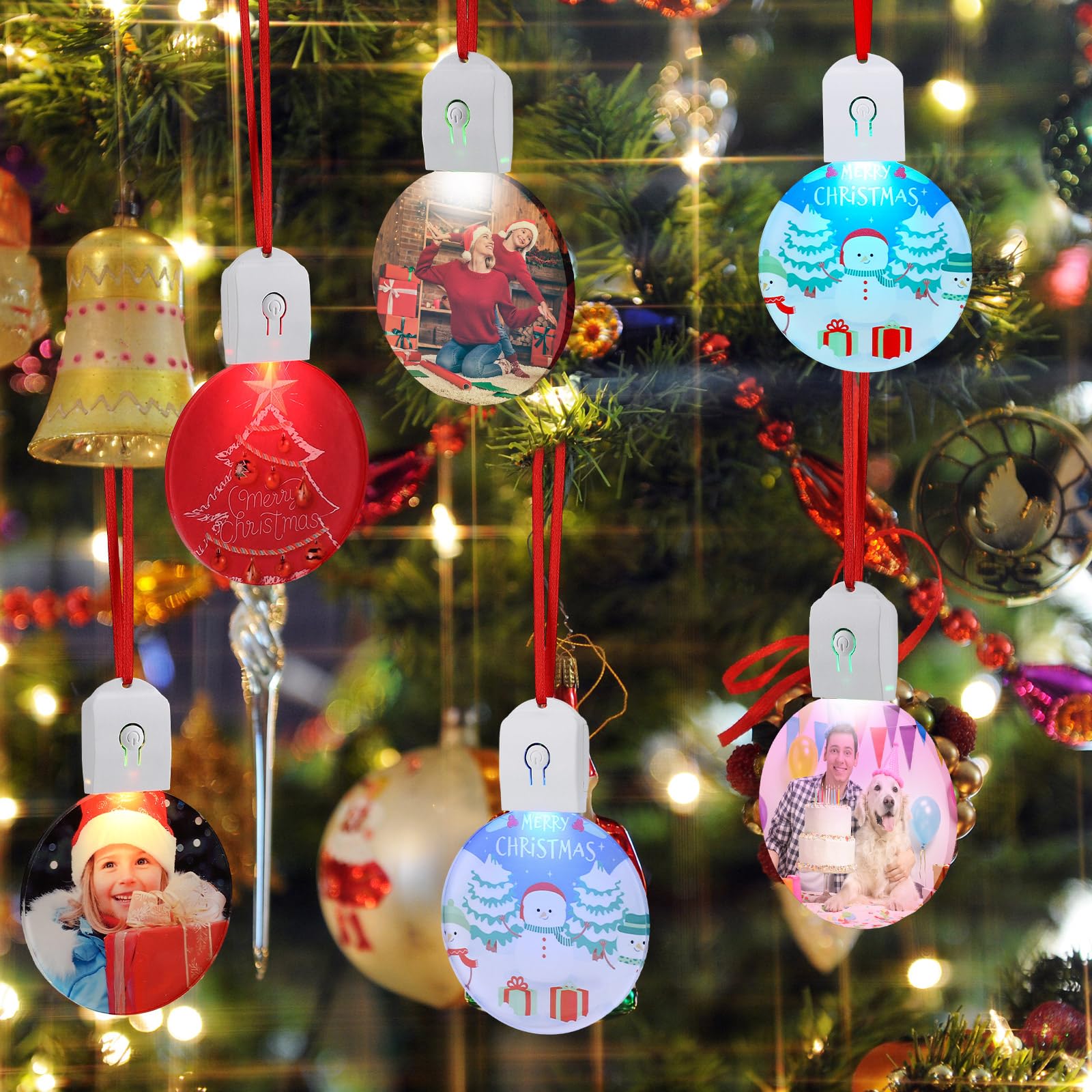 Halloscume Lot de 10 pendentifs ronds en acrylique avec lumière LED pour sapin de Noël, loisirs créatifs, décorations de fête de Noël