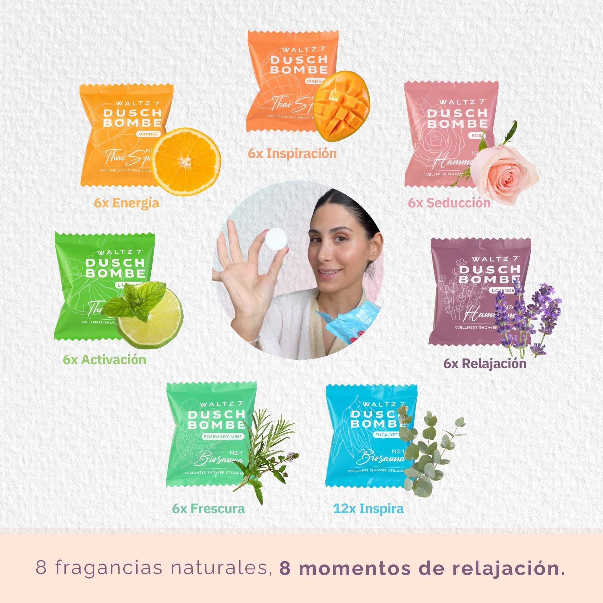 WALTZ 7 Set Bombas de Ducha, 48 Piezas, 7 Aromas Naturales de Aromaterapia, Relajación, Energía, Bienestar, Vigor y Calma, Regalos Originales para Mujer, Hombre, Mama, Parejas, Caja Regalo