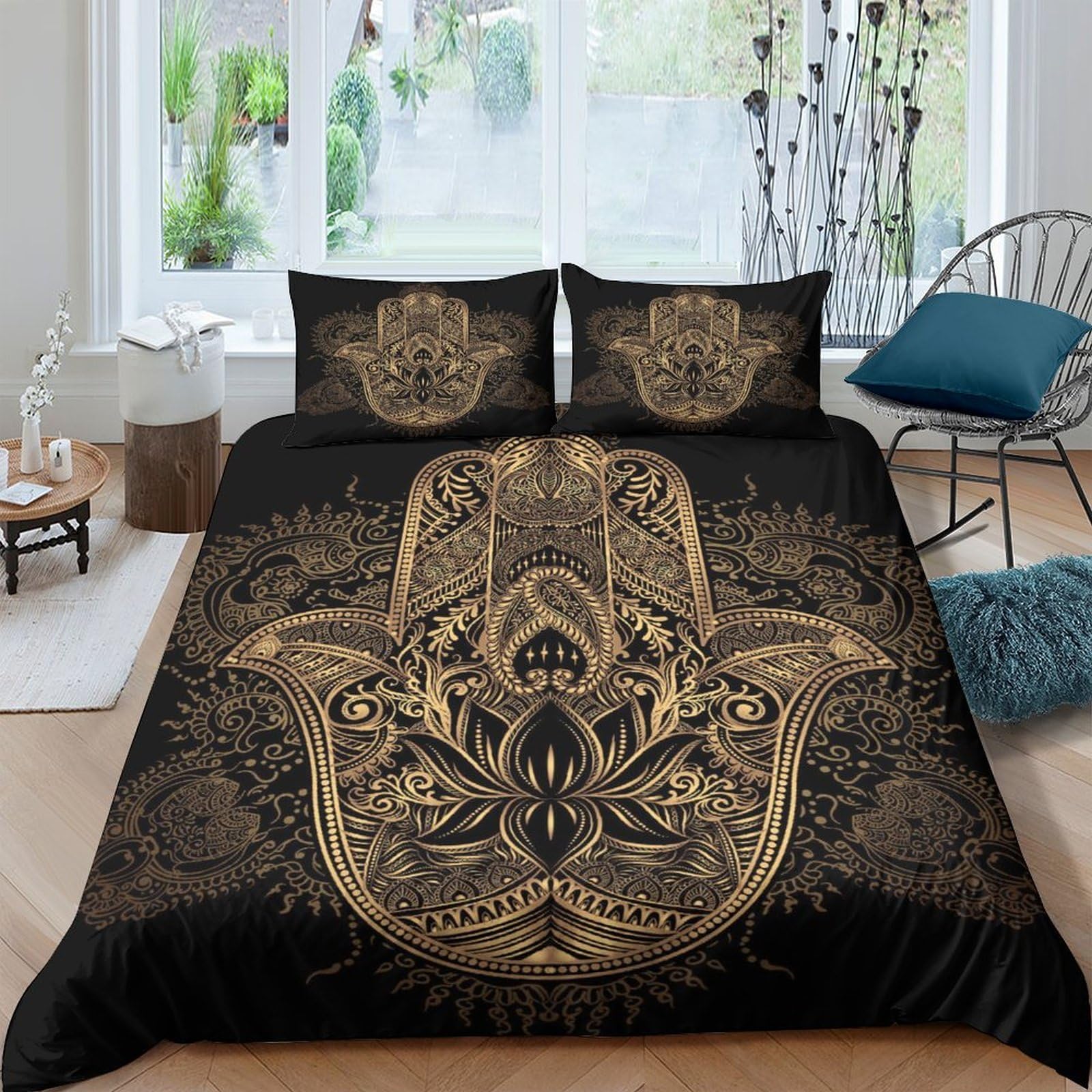 Ctjqhvkz Style-7 3D Printed Mandala Hamsa Black Fitted Sheet Microfiber Soft Bedroom Decor Moroccan Hand Mattress Cover Washable Single（135X200cm）