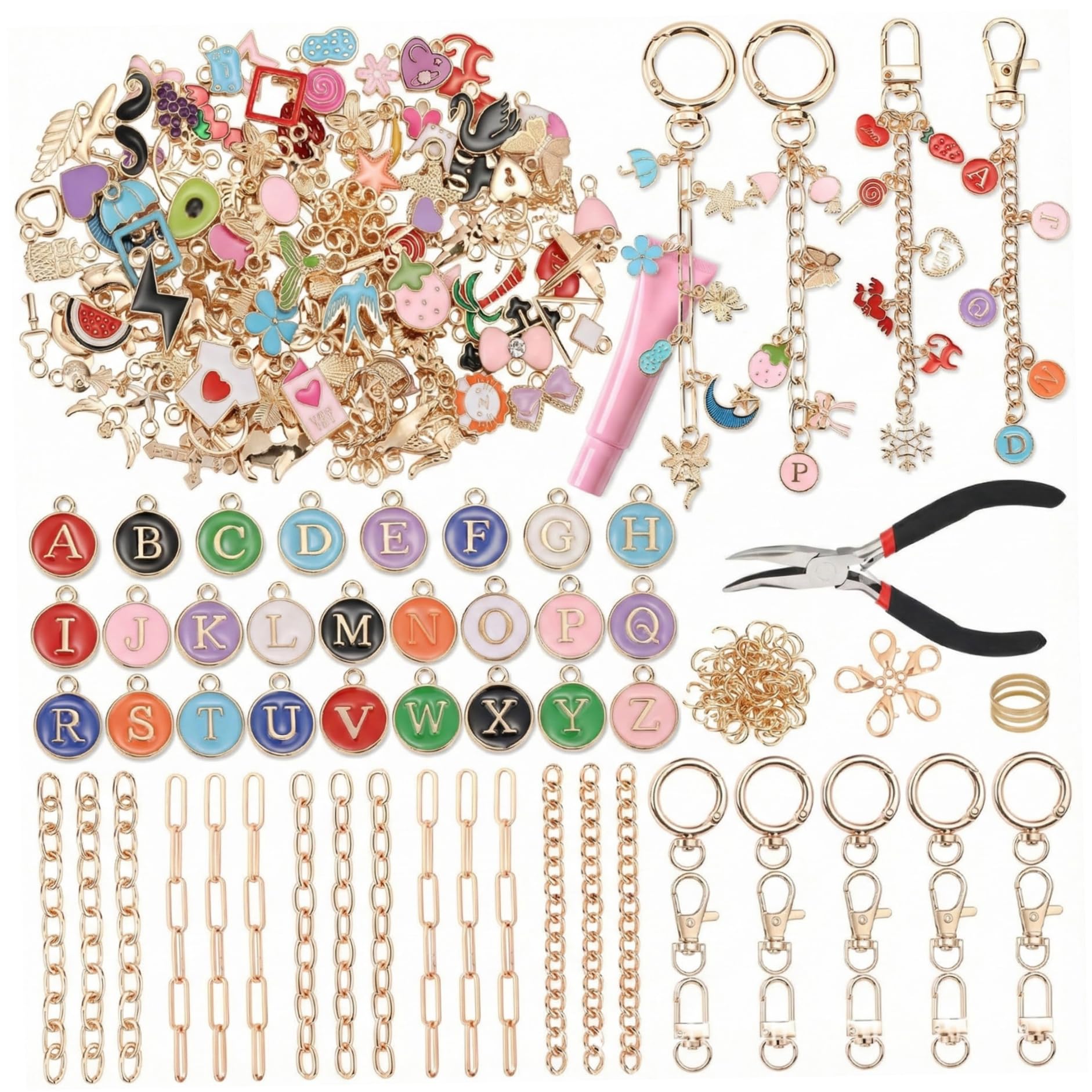 Lipgloss Keychain Making Kit 263Pcs Key Chain Making Kit Including Keychain Clips Extender Chain Charm Jump Ring Jewelry Plier Bag Charm Supplies