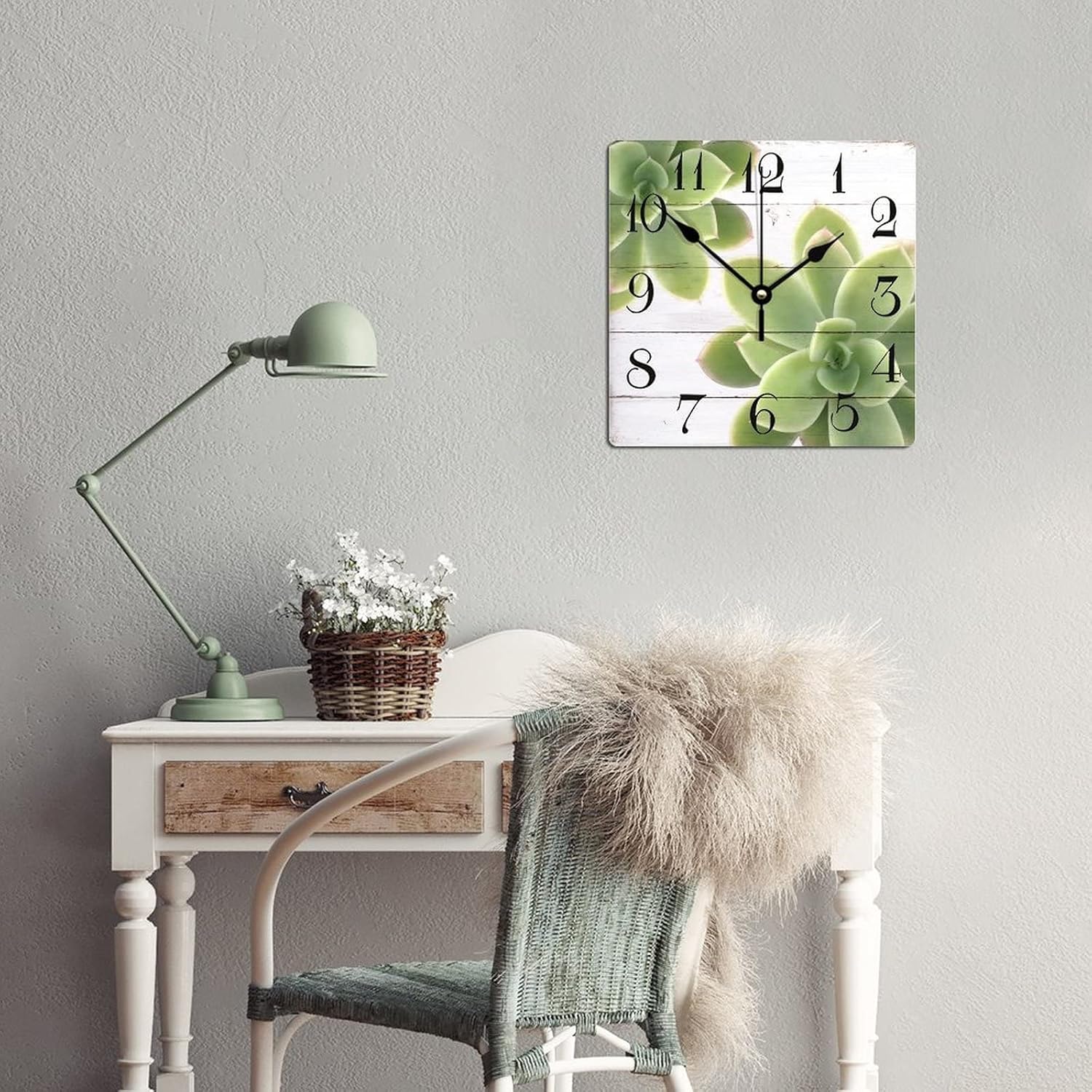 15 Inch Wood Wall Clock Succulent Plants with Big Numbers Durable Wall Clock Aesthetic Old Fashioned Wood Clock Wall Decor for Office School Bedroom Decorations