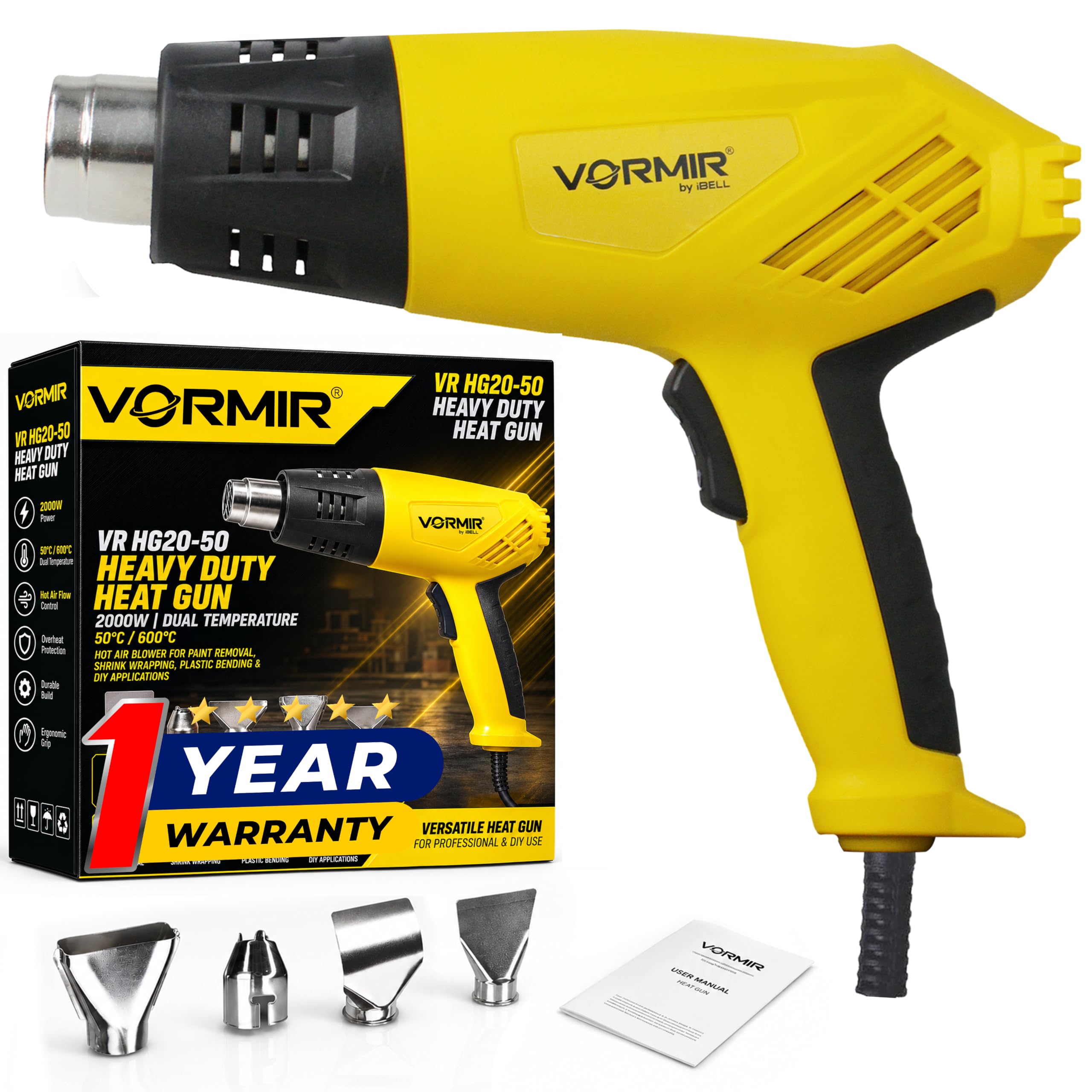 IBELL VORMIR VR HG20-50 Heavy Duty Heat Gun 2000W | Dual Temperature 50°C/600°C | Hot Air Blower for Paint Removal, Shrink Wrapping, Plastic Bending & DIY Applications- 12 months Warranty