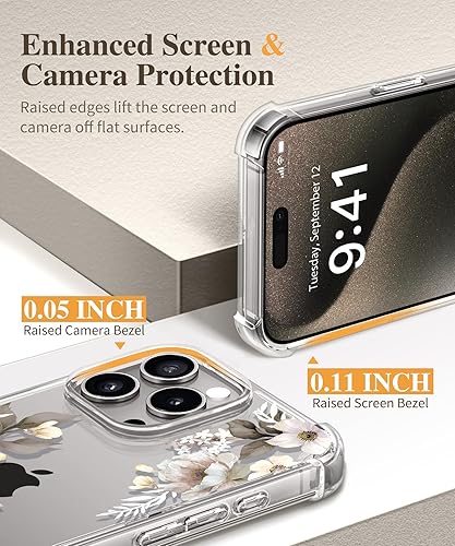Miniatura 5 de GVIEWIN Funda para iPhone 15 Pro floral, con protector de pantalla + protector de lente de cámara, no se pone amarillenta delgada y a prueba de