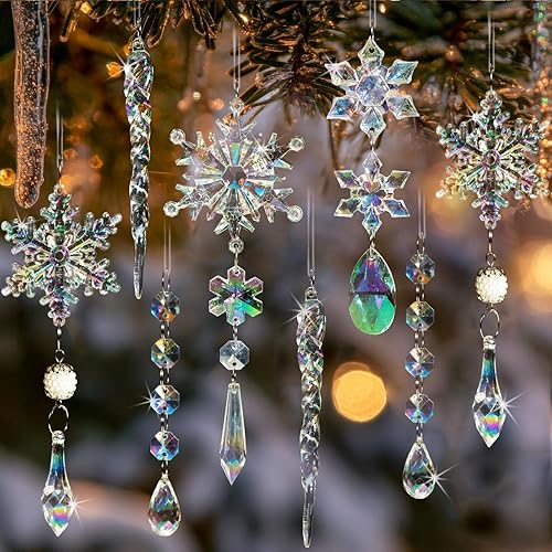 32pcs Christmas Decoration Crystal Ornaments - Iridescent Christmas Tree Ornaments Acrylic Snowflakes Drop Icicle Pendants Hanging Ornaments for Xmas Tree Winter Holiday Frozen Party Decorations - Iridescent - 32