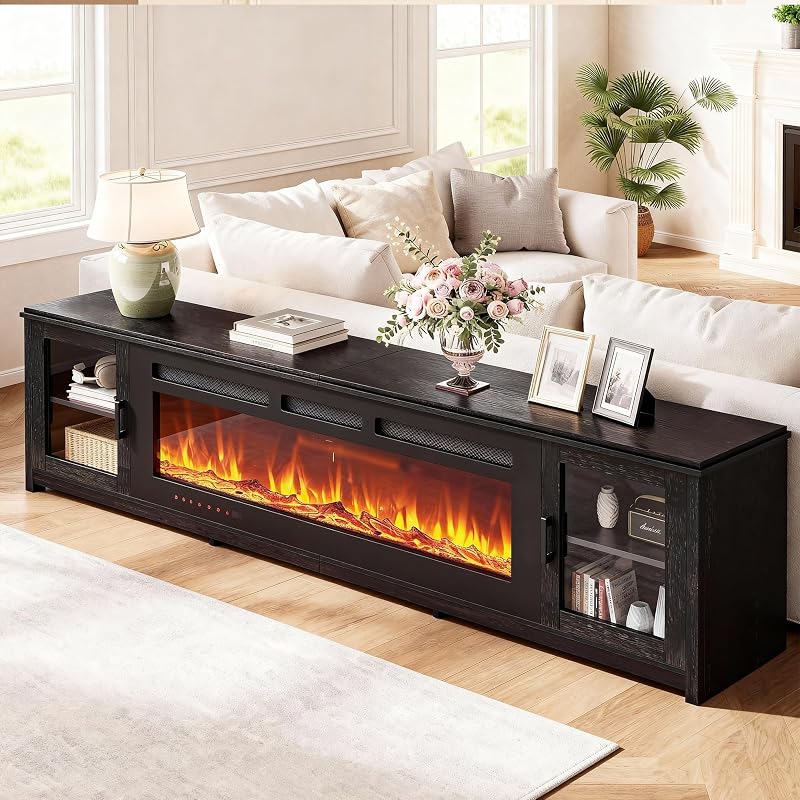 90" Fireplace TV Stand with 60” LED Electric Fireplace up to 100" TV, Modern Entertainment Center Media Console with Adjustable Shelf & Glass Door for Living Room, Black image 7