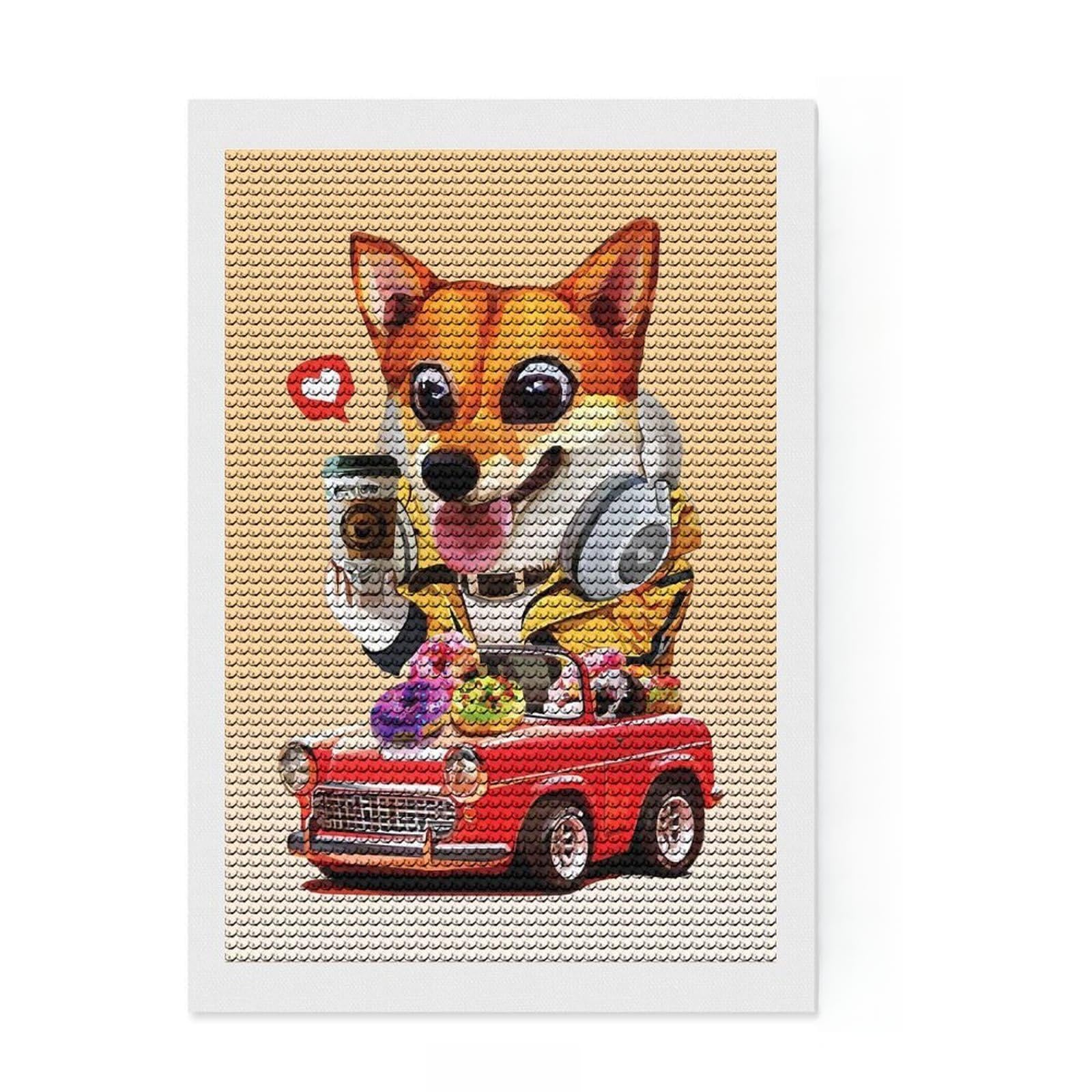Junmoney Driving Corgi Round Drill Diamond Painting 8"x12", Round Gems, Birthday Gift, Home Wall Art, Boho Decor, for Family Craft Time
