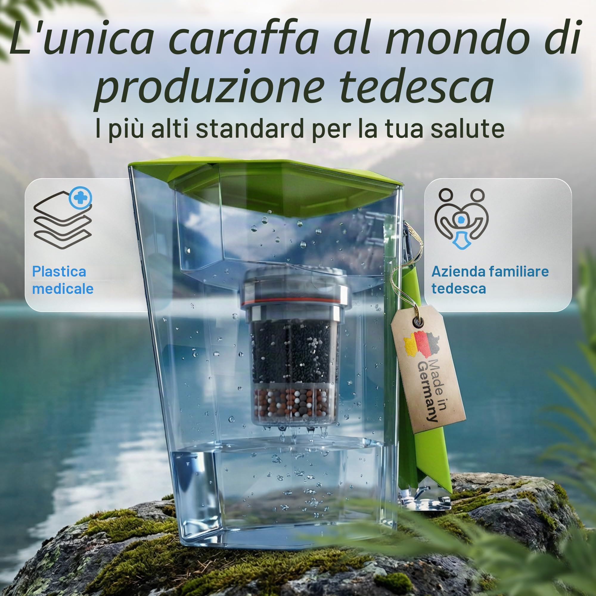 MAUNAWAI Filtro d'Acqua Premium Bio Prodotto in Germania con 1 caraffa per Acqua Potabile + 1 Cartuccia filtrante e 1pad filtrante (per 3 Mesi) - Verde, Filtro d'Acqua Potabile + caraffa filtrante