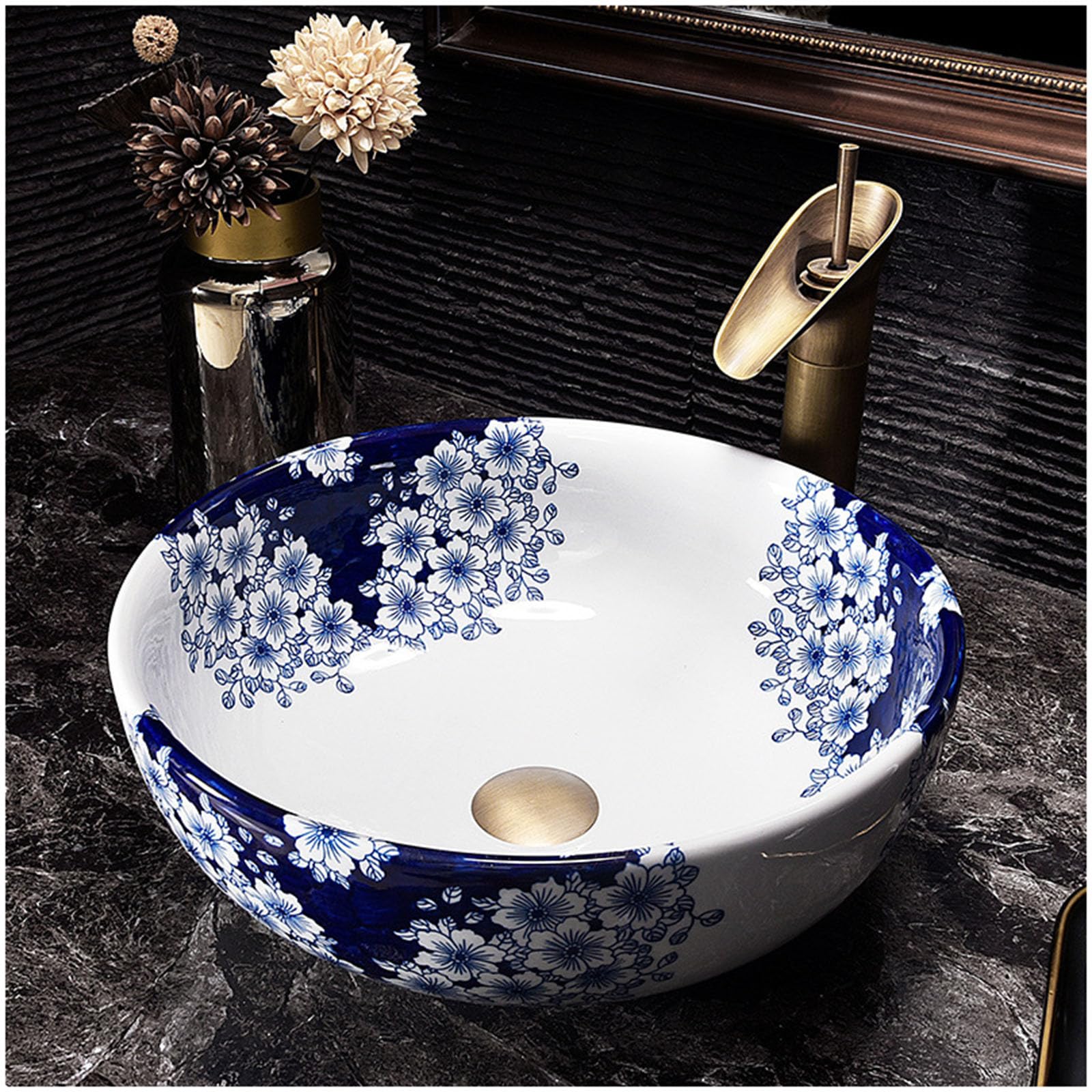 Okrągła ceramiczna umywalka nablatowa z porcelany do baru i małej łazienki - Nowoczesna umywalka łazienkowa w stylu vintage