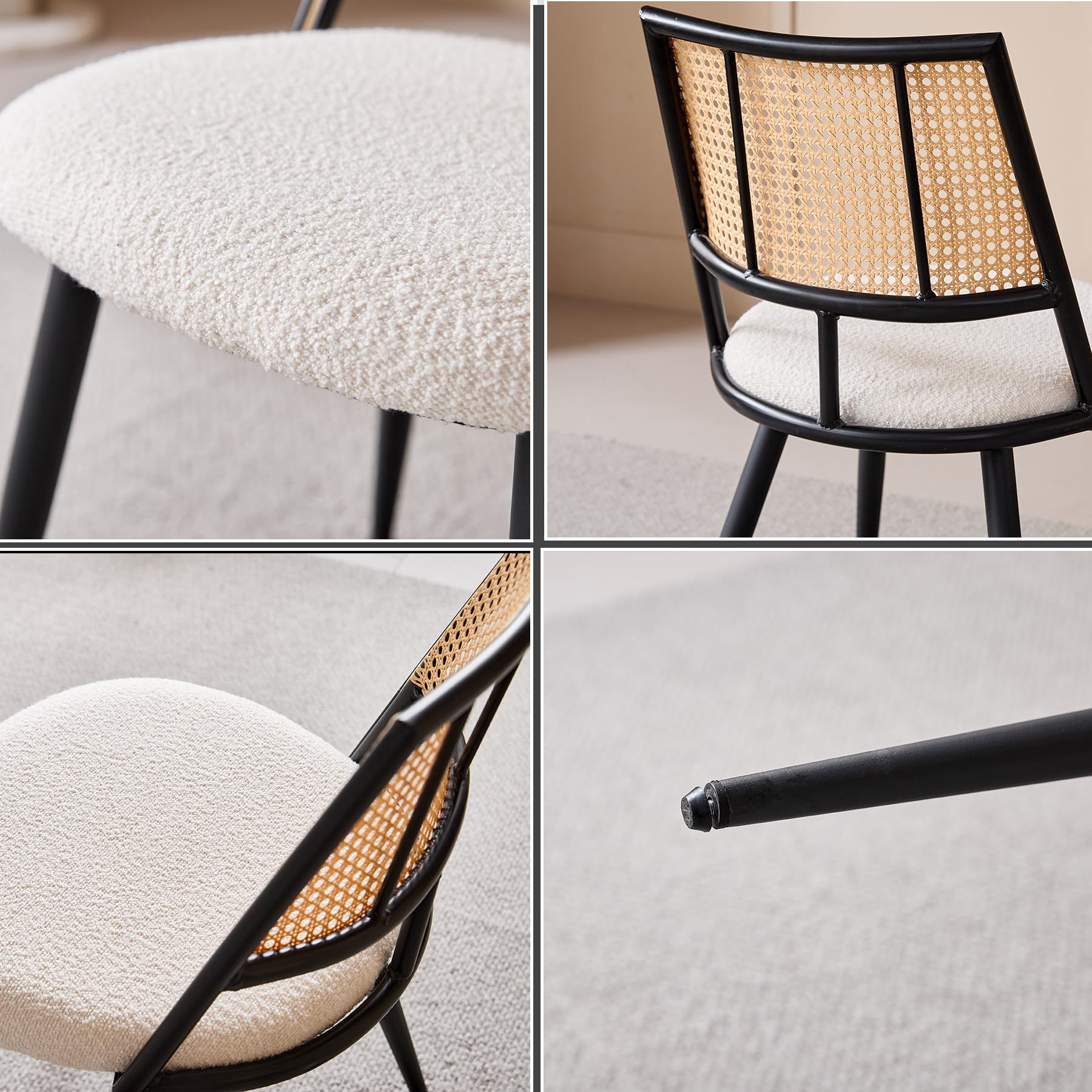 GrandCA HOME Lot de 4 Chaises Assises Rembourrées en Rotin, Structure en Métal Noir et Dossier en Rotin Naturel. Convient pour la Cuisine et Le Salon Salle à Manger #02