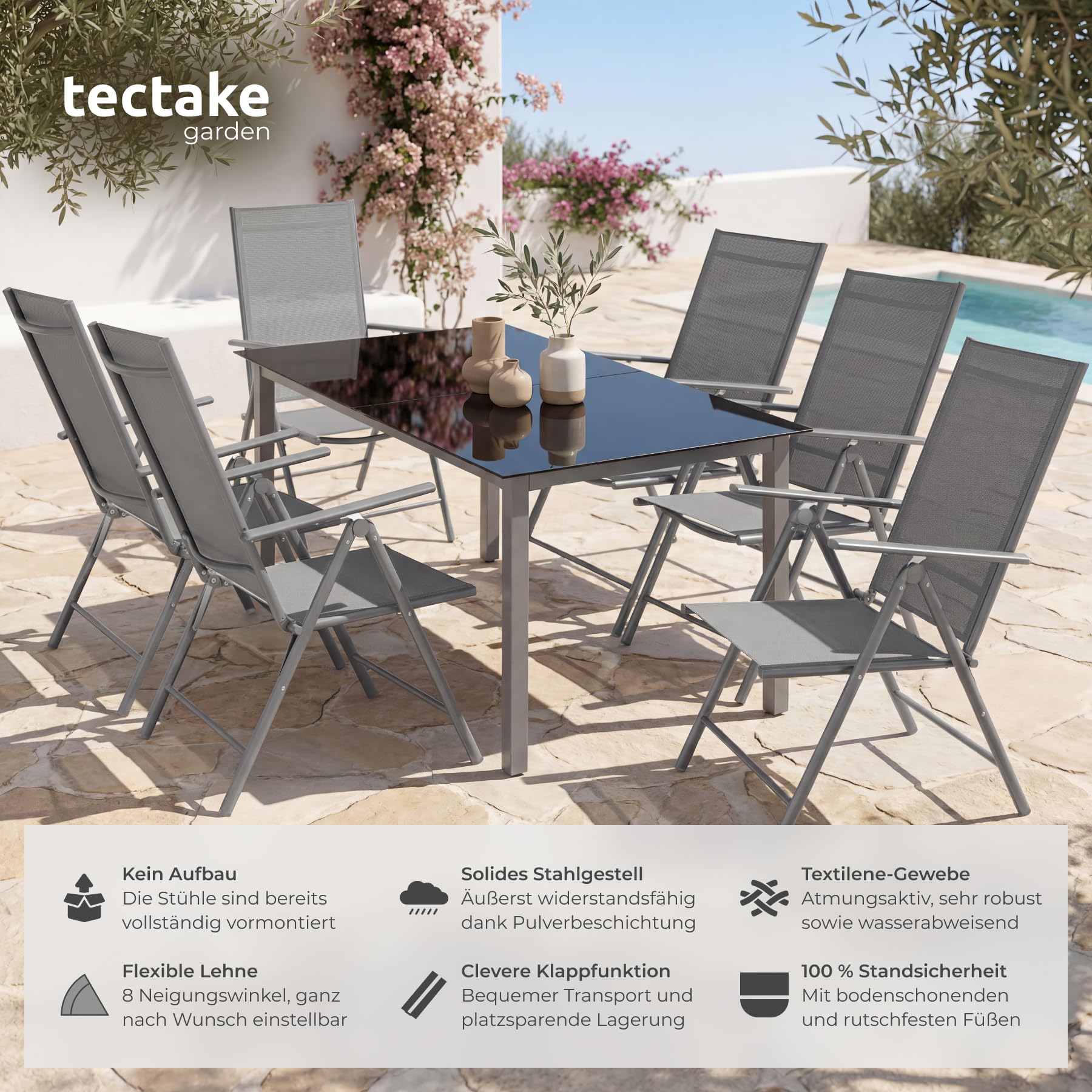 TecTake® 6er Set Gartenstuhl klappbar, 54,5 x 65 x 107,5 cm, 8-Fach verstellbare Rückenlehne, wetterfest, Textilene, Verstellbarer Hochlehner, Outdoorstuhl, Gartenmöbel, Klappsessel - anthrazit