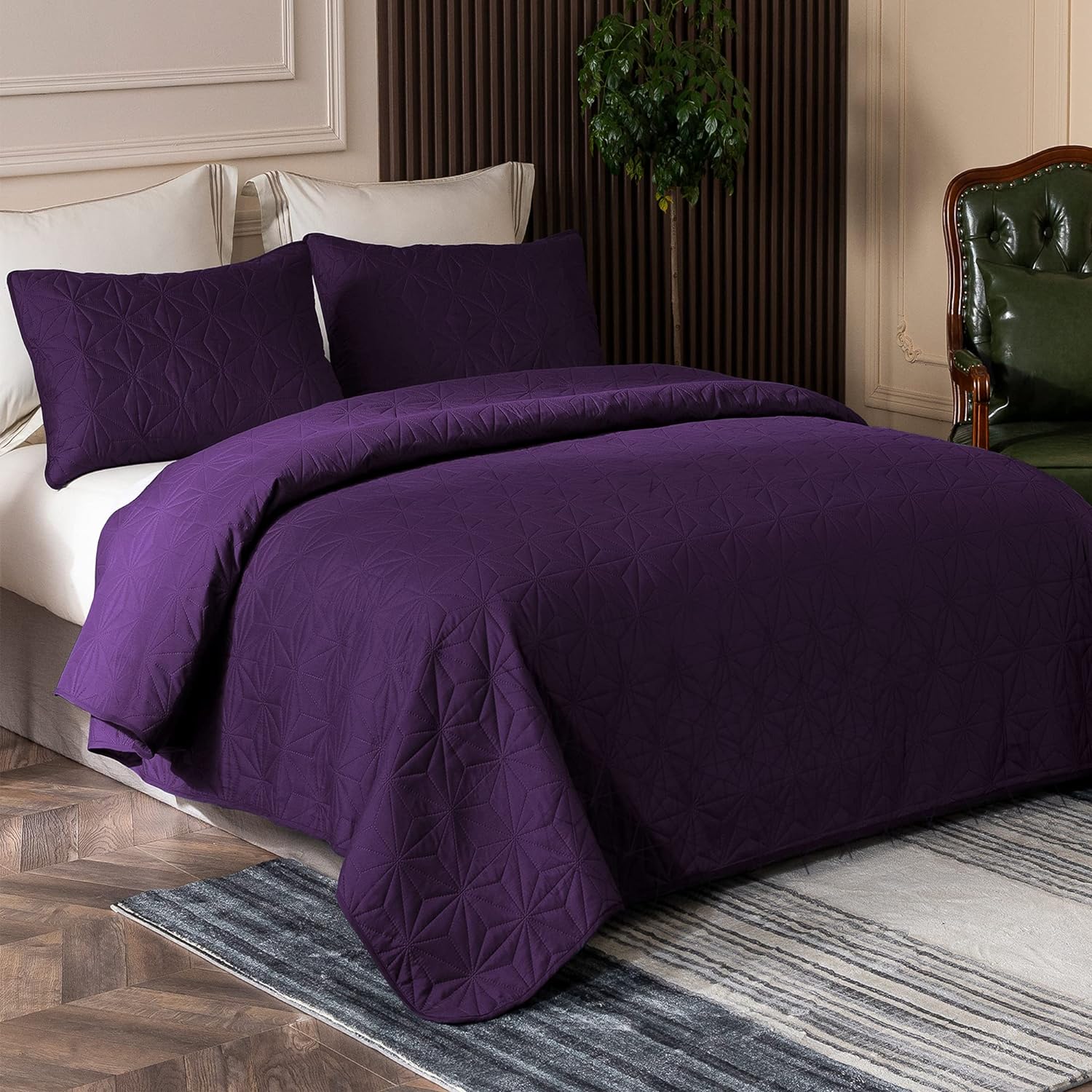 Whale Flotilla King Quilt Bedding Set, Soft Purple Bedspreads Quilts King Size for All Seasons, 3 Pieces Lightweight Geometric Star Pattern Coverlet - Image 2