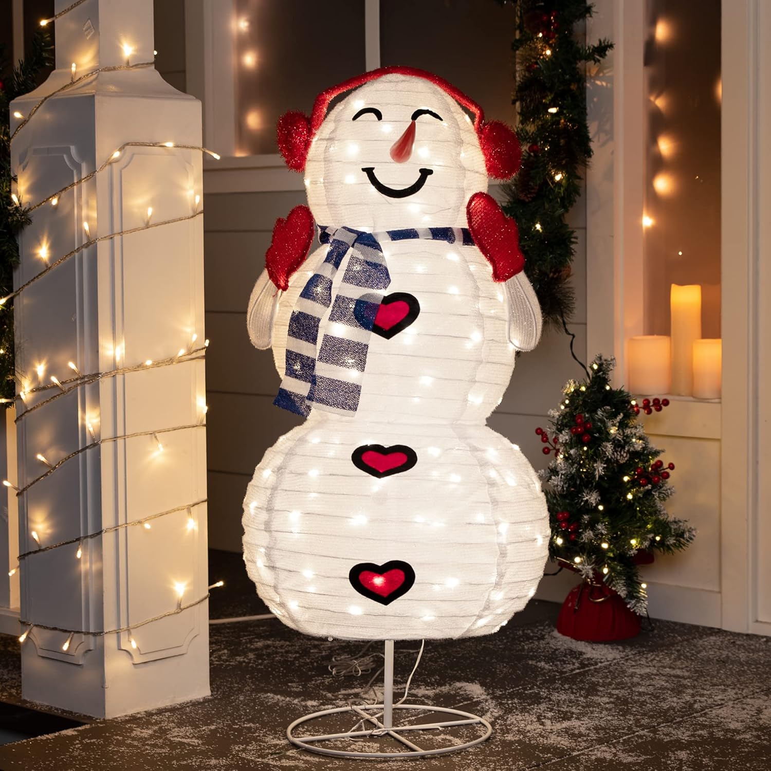 JOIEDOMI 3FT 3D Christmas Collapsible Snowman with Earmuff Yard Light Decorations 120 Pre-Lit LED Warm White Lights with Metal Stakes for Indoor Outdoor Garden Holiday Dcor, Christmas Eve Night Dcor