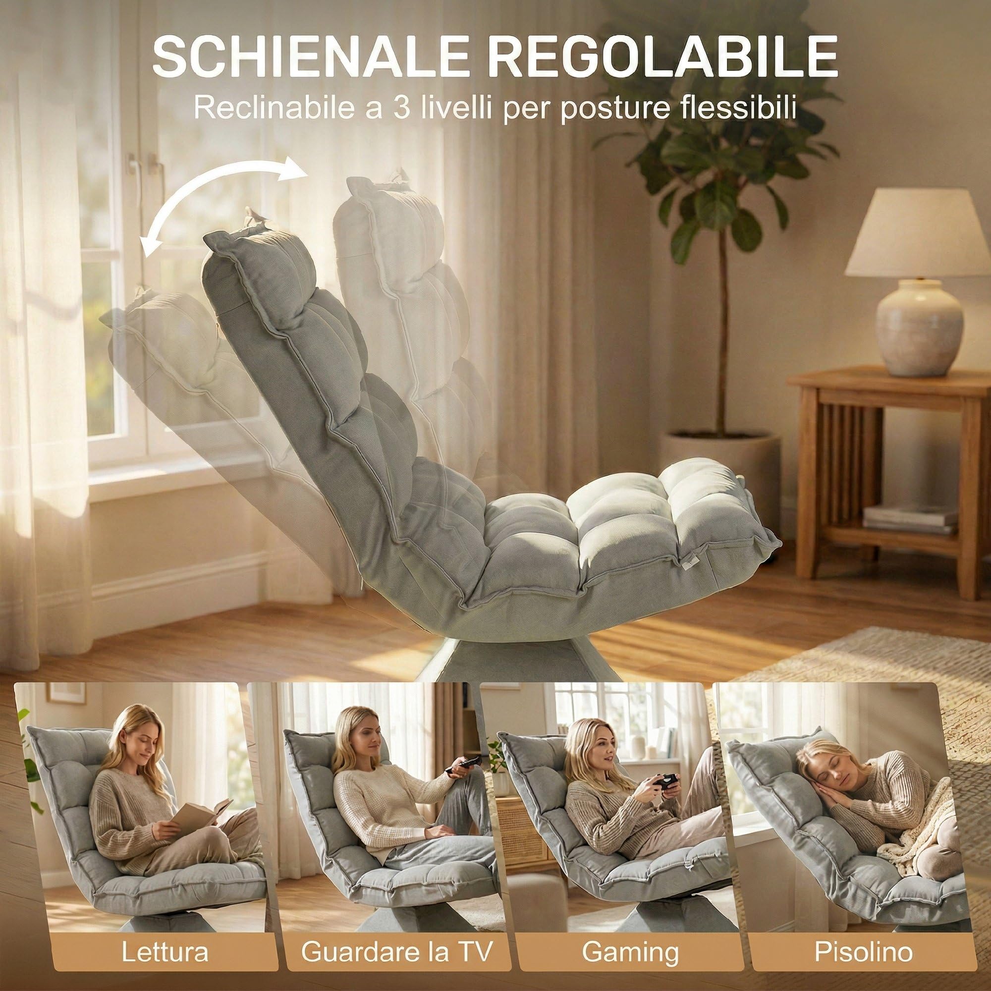 HOMCOM Poltrona Relax Girevole 360° con Schienale Regolabile in 5 Posizioni, Poltrona da Terra con Seduta Ampia Imbottita Spessa in Microfibra Effetto Velluto, per Soggiorno Lettura, Grigio Chiaro