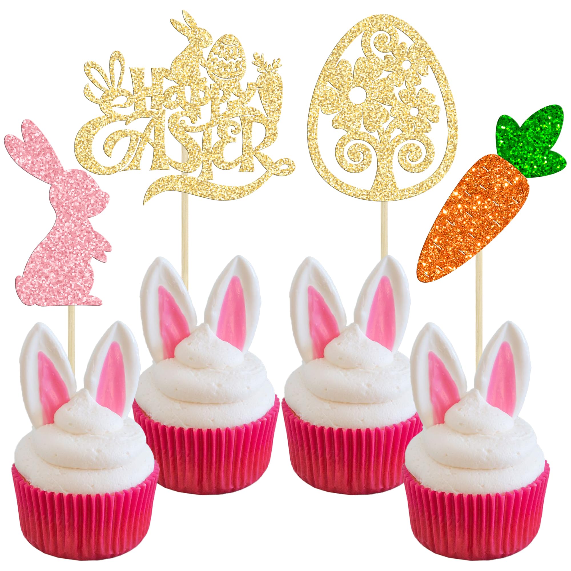 Ephlyn 24Pcs Happy Easter Cupcake Toppers Glitter Easter Bunny Egg Carrot Cake Pick Decorations for Easter Spring Theme Baby Shower Kids Birthday Party Supplies