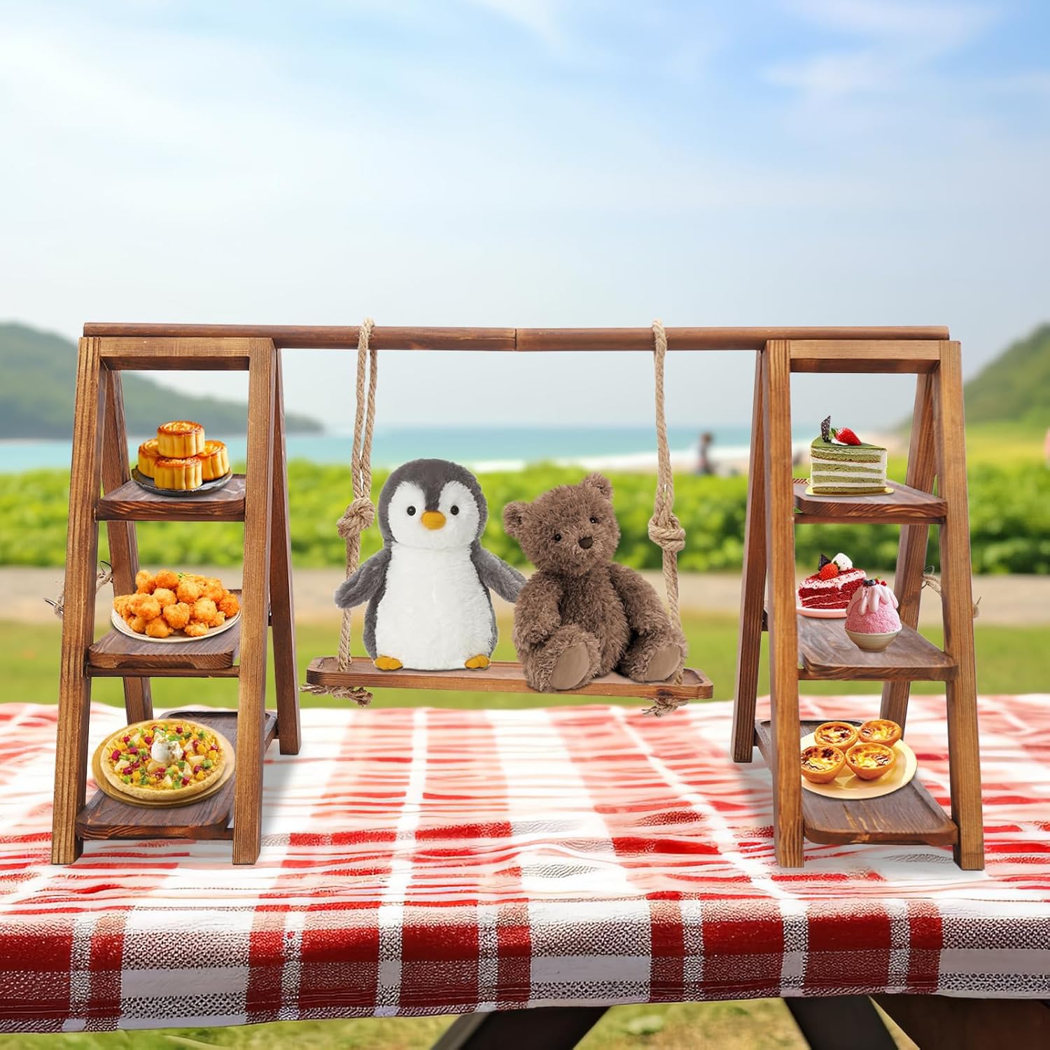 3 Tier Wooden Serving Tray Ladder Stand for Party, Foldable Wooden Cupcake Stand with Removable Trays, Serving Ladder Stand Dessert Table Food Display Shelf for Cakes, Snacks, Fruit Slice (Brown)