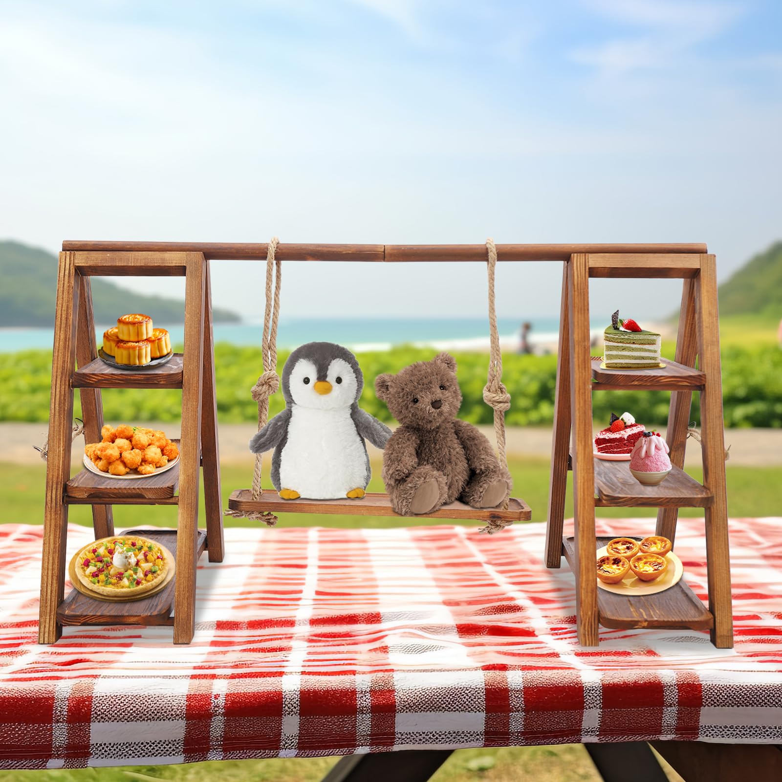 Expositor de 3 pisos de madera con platos para servir de 3 niveles, soporte rectangular para raclette, bandeja de servir rectangular de madera para picnics
