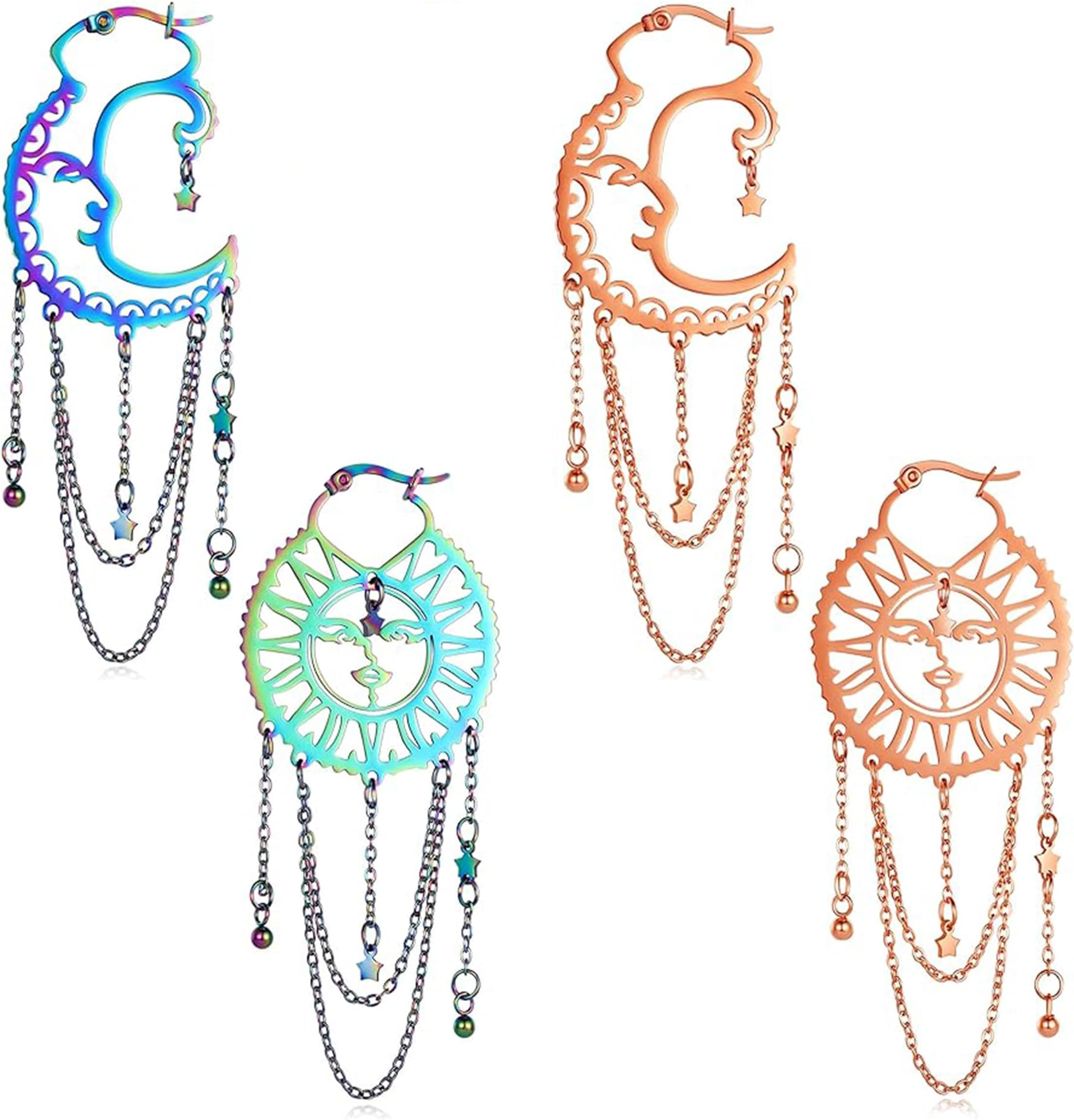 Asymmetrical Sun and Moon Earrings for Women Dangling, Rainbow Boho Earrings Star Tassel Chain Drop Dangle Statement Earrings Stainless Steel Bohemian Jewelry…