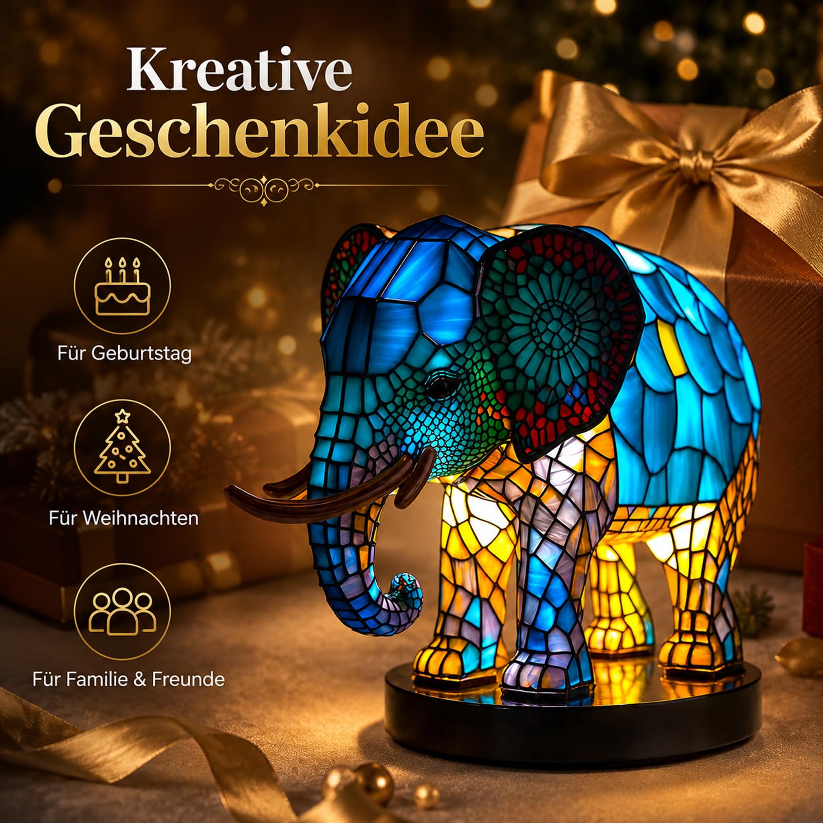 Drawelry 3D Tier Harz Figur Statue Nachtlicht mit Bunte LED Tierlampe Dekoration, Wolf Löwe Eule Skulptur Tischlampe für Wohnzimmer Schlafzimmer Kinderzimmer Deko Weihnachten Geschenk (Elefant)