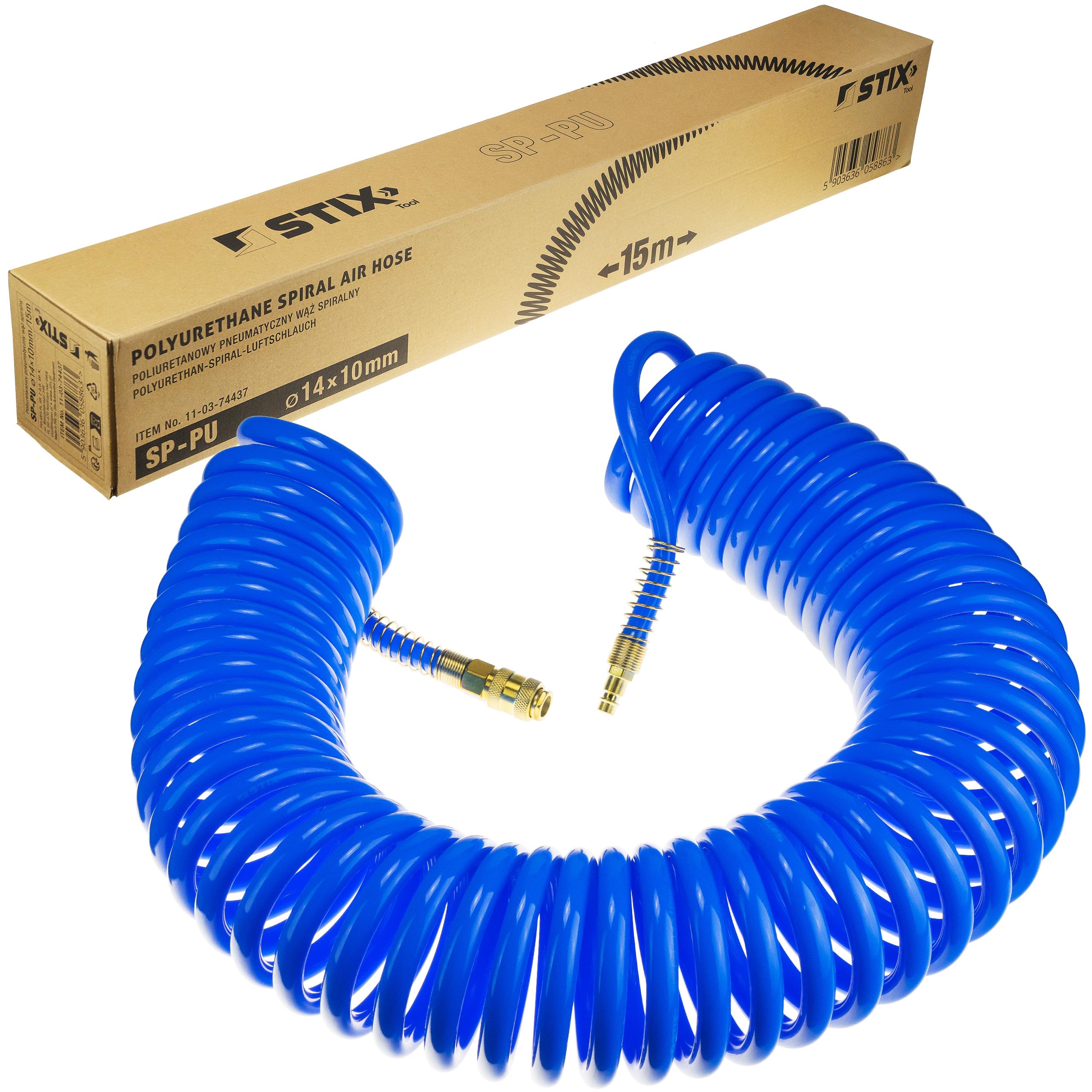 Druckluft Spiralschlauch SP-PU 15 m, Druckluftschlauch 10/14mm aus PU, max. Druck 10 Bar, mit Knickschutz und Schnellkupplung, geeignet für pneumatische Werkzeuge