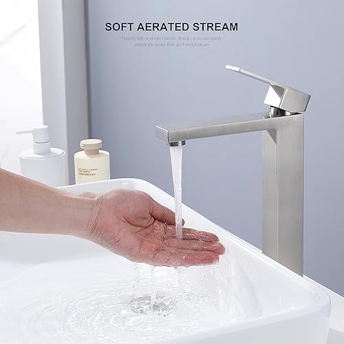 Miniatura 3 de Grifo de lavabo de baño, grifo alto de níquel cepillado, moderno grifo de lavabo de acero inoxidable de una sola manija con montaje de drenaje y