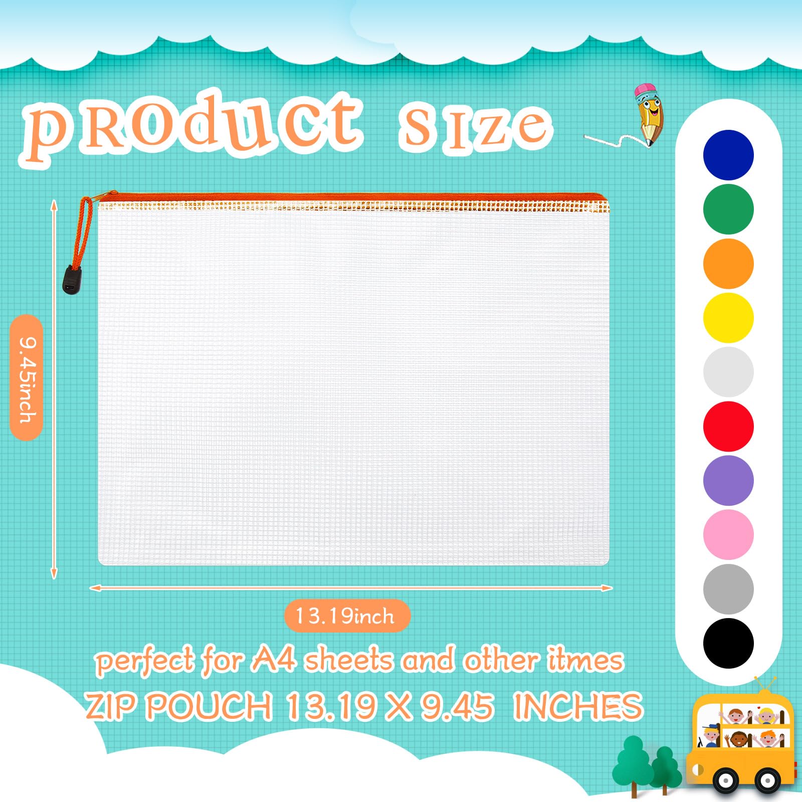 Zhehao 250 sacchetti in rete con cerniera per matite, sacchetti trasparenti in rete con cerniera, formato A4, 33,5 x 24 cm, impermeabili, organizer per documenti, cartelle in plastica per aule e