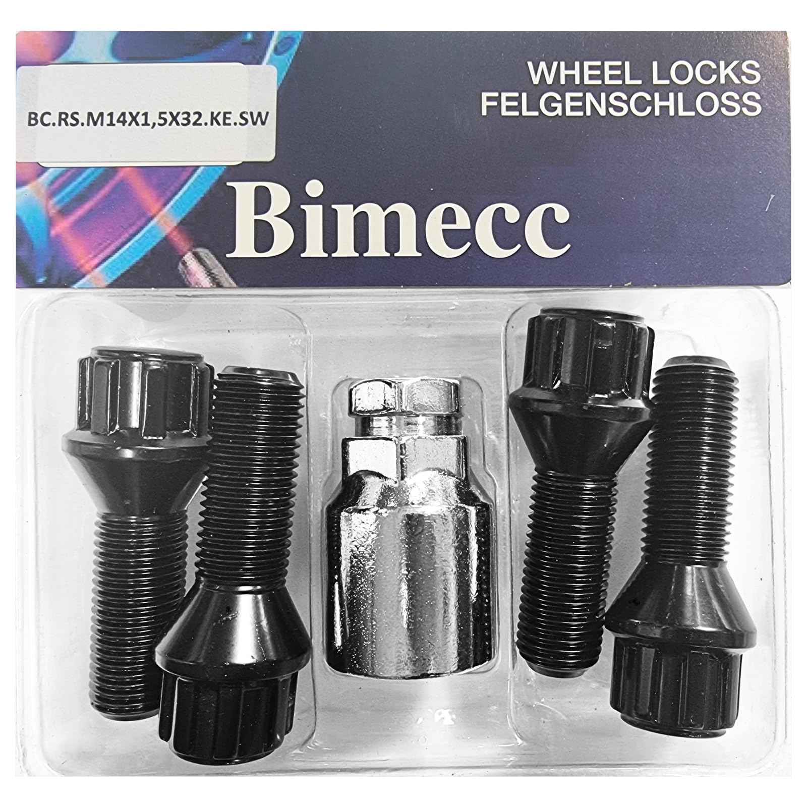 Blokada do felg M14 x 1,5 x 32 mm, taśma stożkowa 60°, kompatybilne z BMW Lamborghini Polestar Rolls-Royce Smart Volvo, 4 x czarne zamki do felg, zabezpieczenia felg, zestaw 4 śrub do kół
