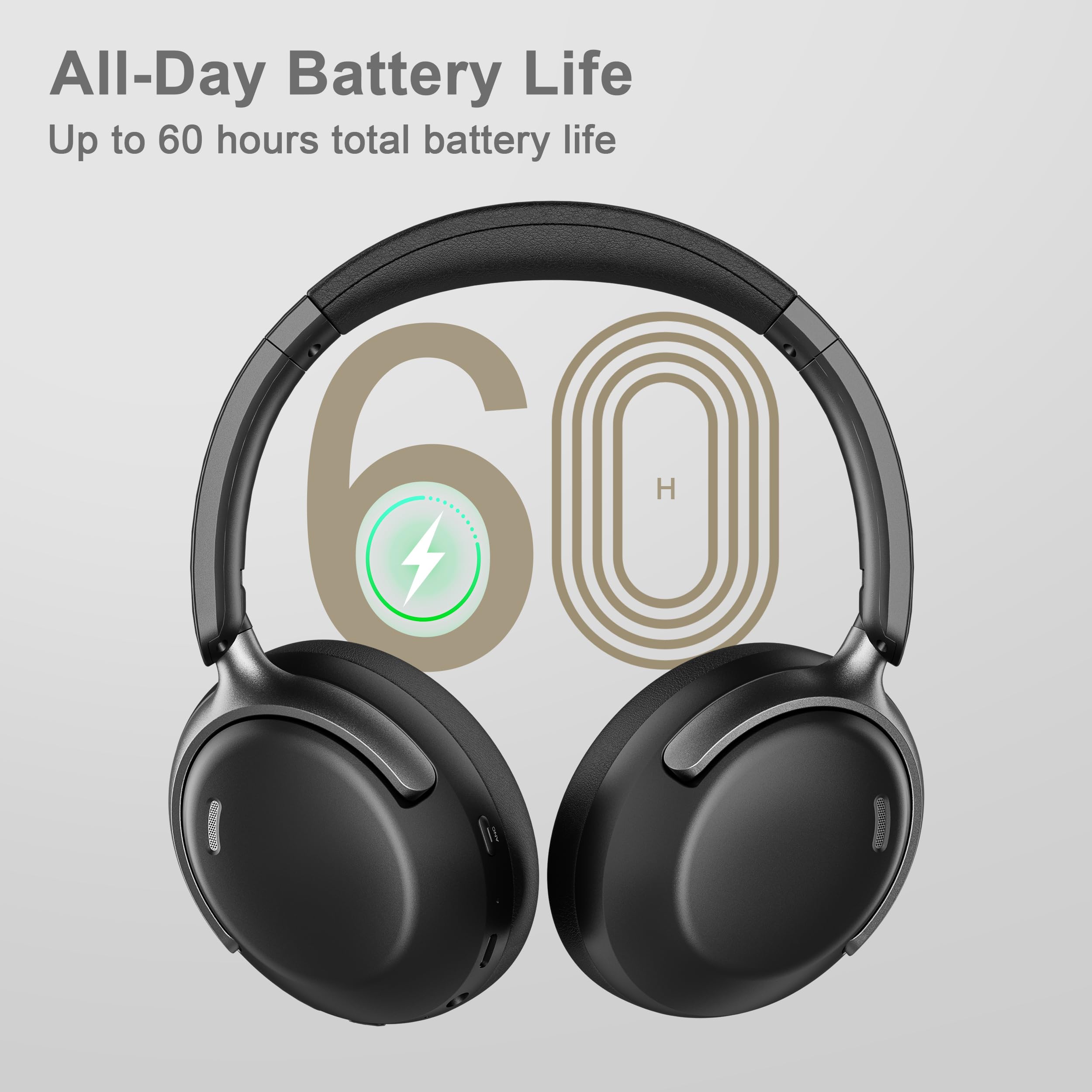 LORELEI QC30 Casque hybride à réduction active du bruit, casque Bluetooth sans fil 60 heures d'autonomie avec micro, basses profondes, ajustement confortable, coussinets souples, charge rapide, noir