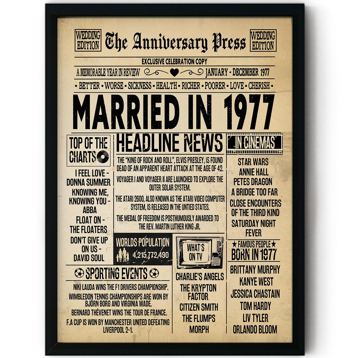 Stuff4 Men's 1977 49Th Anniversary Poster Framed - Married In Newspaper - 49 Wedding Anniversary For Wo Retro Vintage Gifts Back In 8X10 Inch Anniversaries Posters