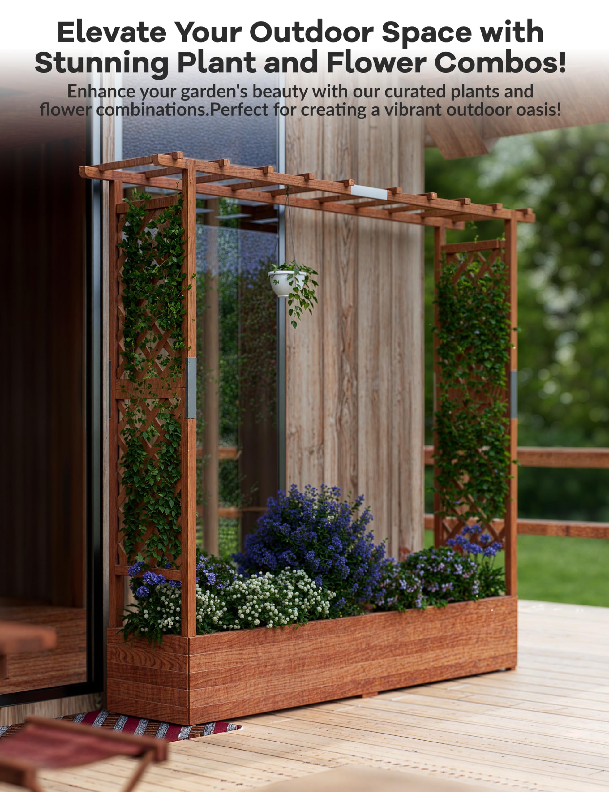 Großes Hochbeet aus Holz mit Rankgitter & Aufhängedach – Freistehender Pflanzkasten mit 2 Seitengittern, 4 Wasserabläufen – Für Kletterpflanzen, Gemüse & Blumen – Garten, Balkon, 196×44×182cm