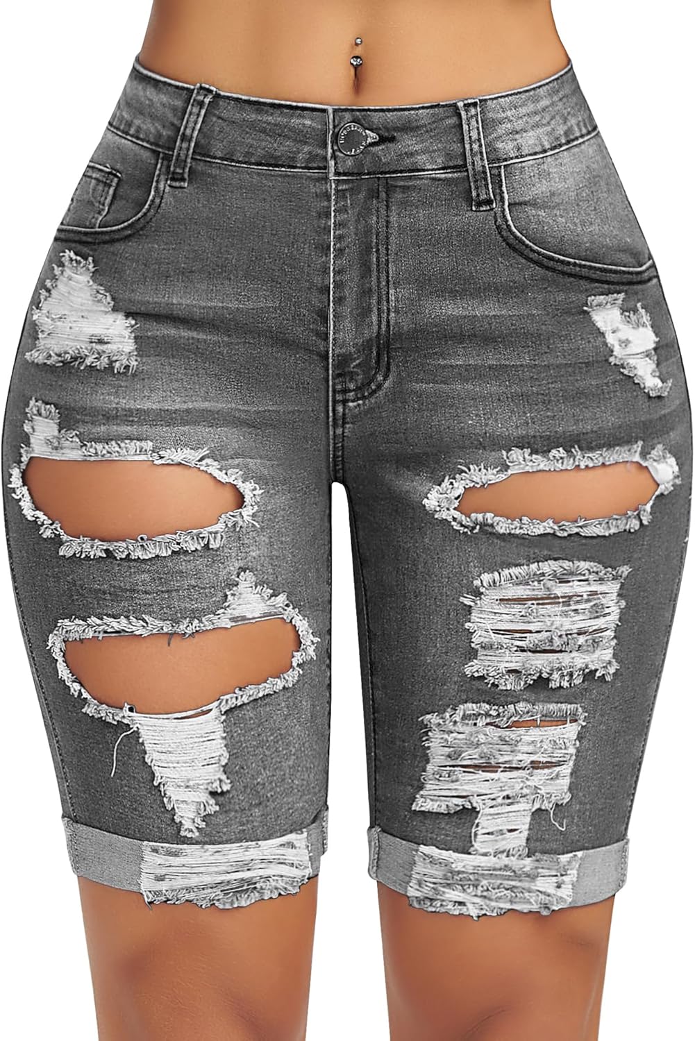 roswear Women's Ripped Denim Destroyed Mid Rise Stretchy Bermuda Shorts Jeans