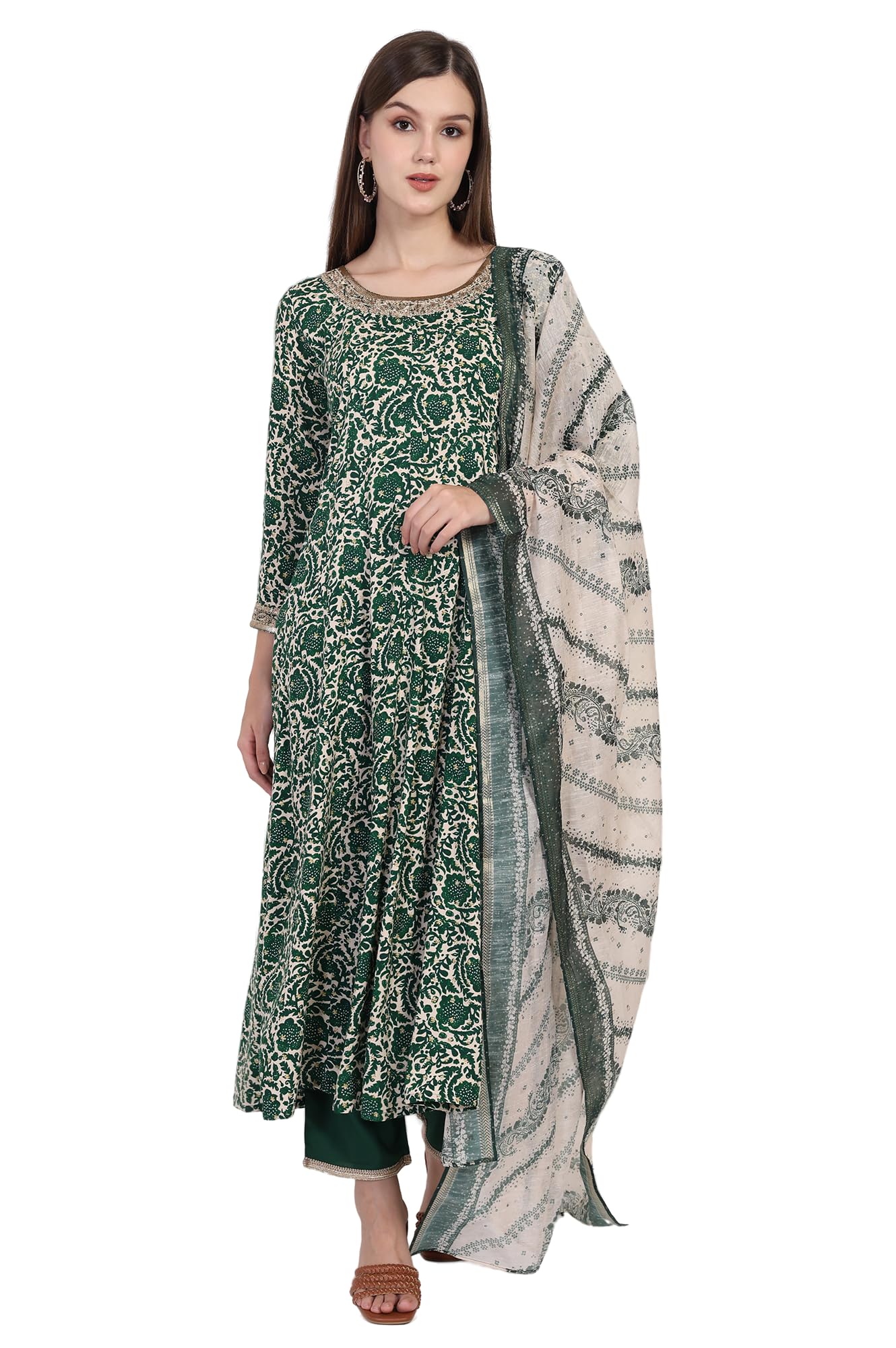 w for woman Printed Block Print Embellished Anarkali Kurta with Straight Pant and Dupatta Set-picture-15