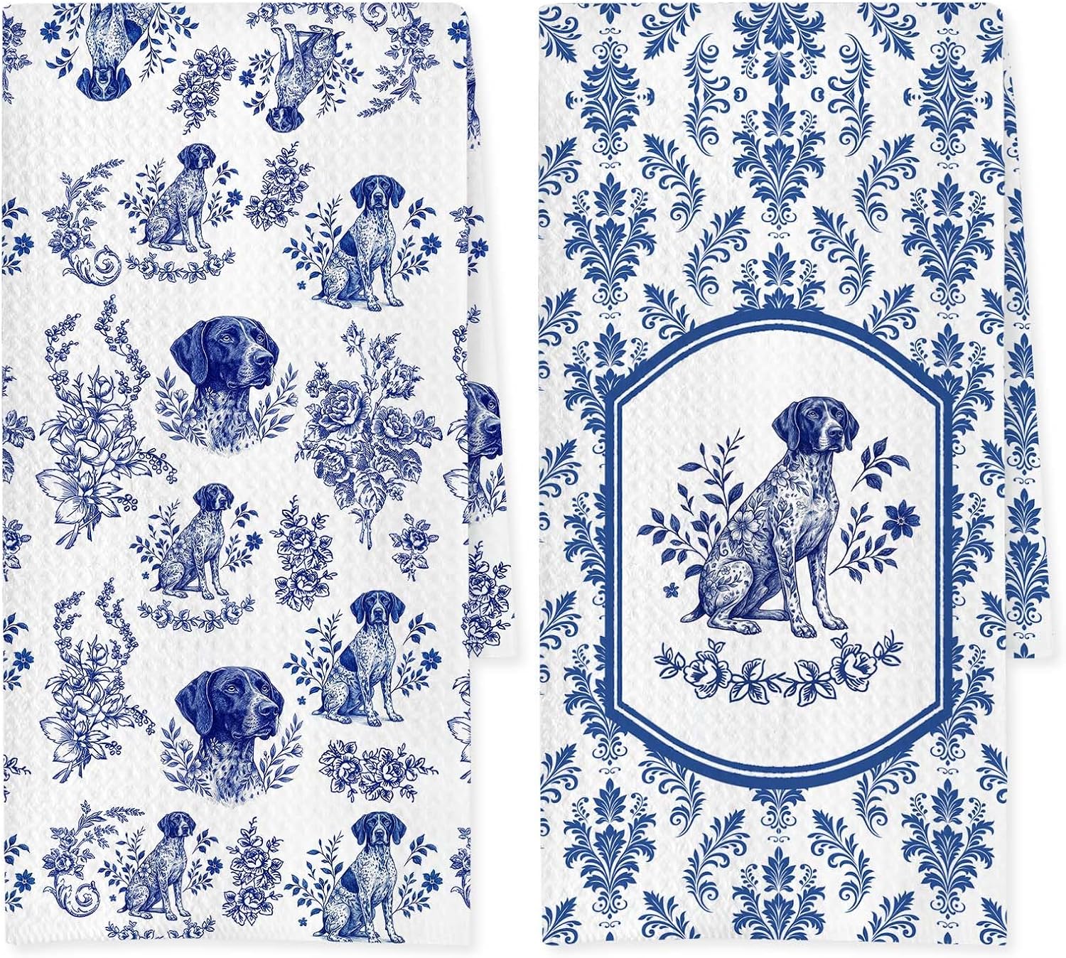 German Shorthaired Pointer Kitchen Towel Set of 2, Blue and White Chinoiserie Dog Floral, Dish & Hand Towels for Dog Lovers, Unique Hunting Dog Gift, 16x24 Inches