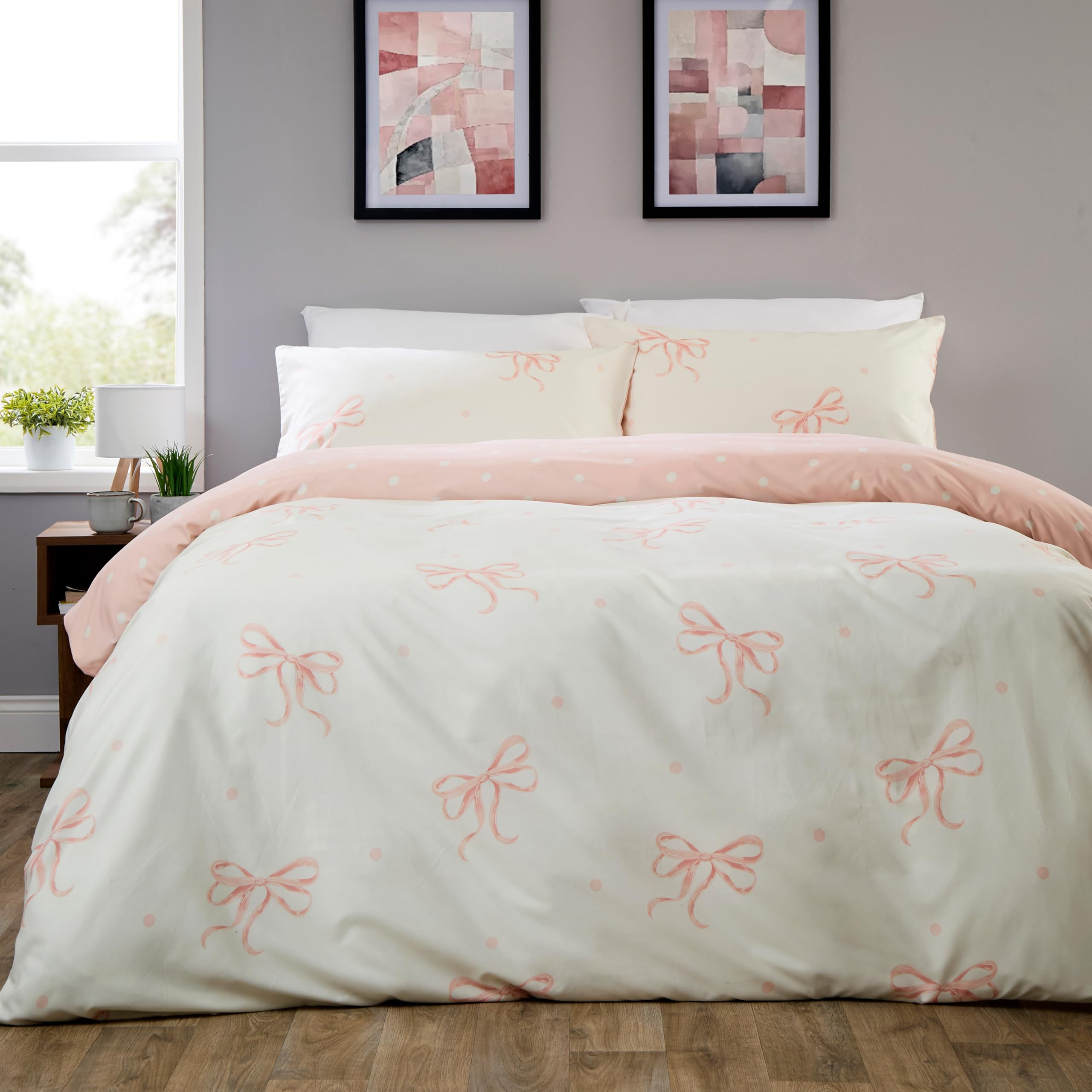 Olivia Rocco Easy Care Printed Duvet Cover Set 100% Microfibre Polyester Breathable Stylish Comforter Reversible Quilted Bedding Bed Sets With Pillowcases, Bows Pink - Single